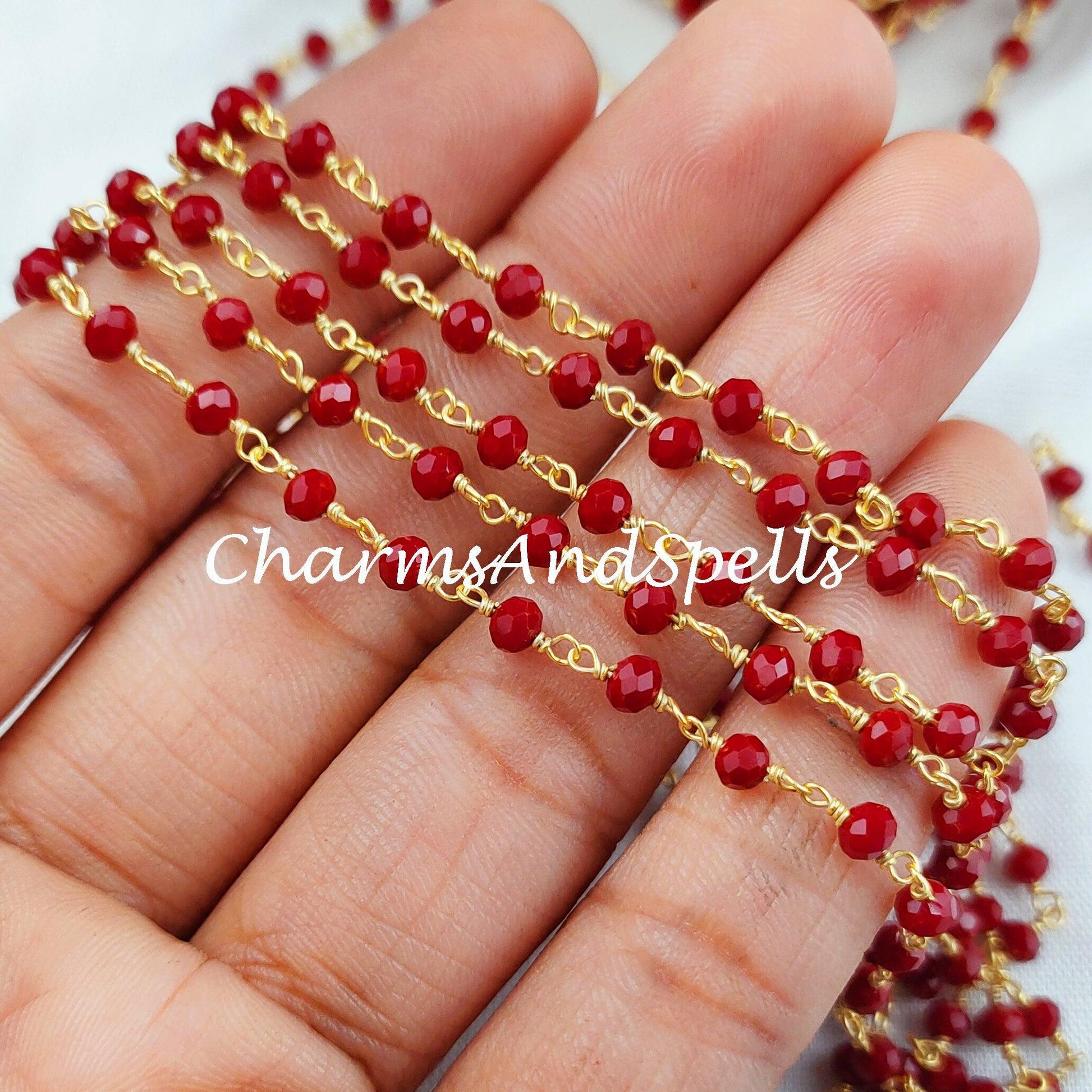 1 Feet Chain, Faceted Red Coral Rosary Chain, Rondelle Beads Chain, Gold Plated Chain, DIY Jewelry Making Supply, 3-3.5mm Bead Size - Charms And Spells