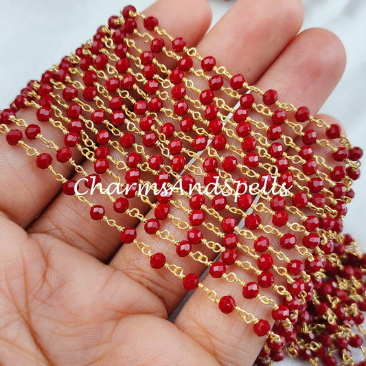 1 Feet Chain, Faceted Red Coral Rosary Chain, Rondelle Beads Chain, Gold Plated Chain, DIY Jewelry Making Supply, 3-3.5mm Bead Size - Charms And Spells