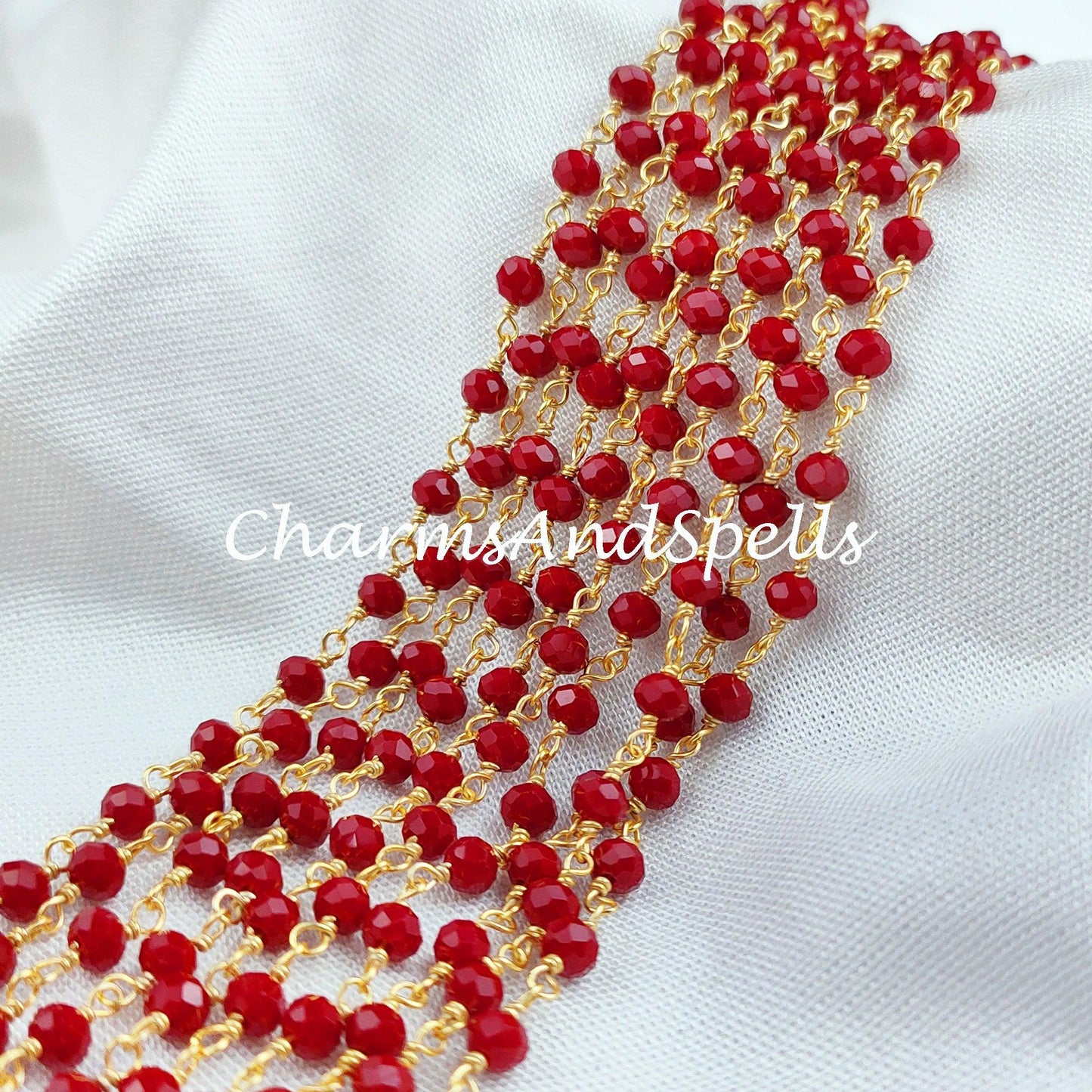 1 Feet Chain, Faceted Red Coral Rosary Chain, Rondelle Beads Chain, Gold Plated Chain, DIY Jewelry Making Supply, 3-3.5mm Bead Size - Charms And Spells