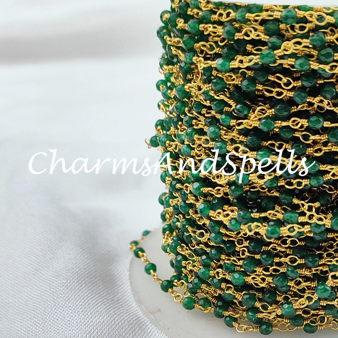 1 Feet Chain, Faceted Green Emerald Rosary Chain, Rondelle Beads Chain, Gold Plated Chain, DIY Jewelry Making Supply, 2.5mm Bead Size, DIY Necklace Chain - Charms And Spells