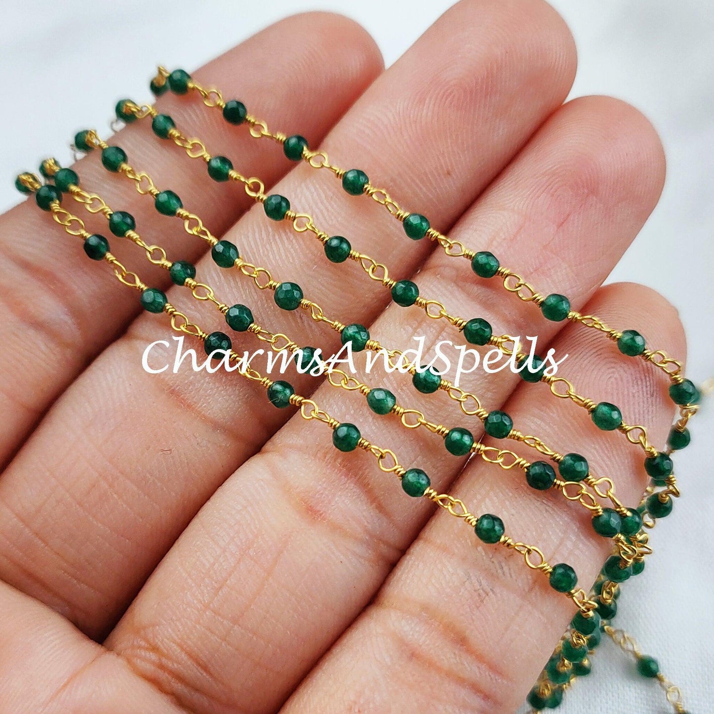 1 Feet Chain, Faceted Green Emerald Rosary Chain, Rondelle Beads Chain, Gold Plated Chain, DIY Jewelry Making Supply, 2.5mm Bead Size, DIY Necklace Chain - Charms And Spells