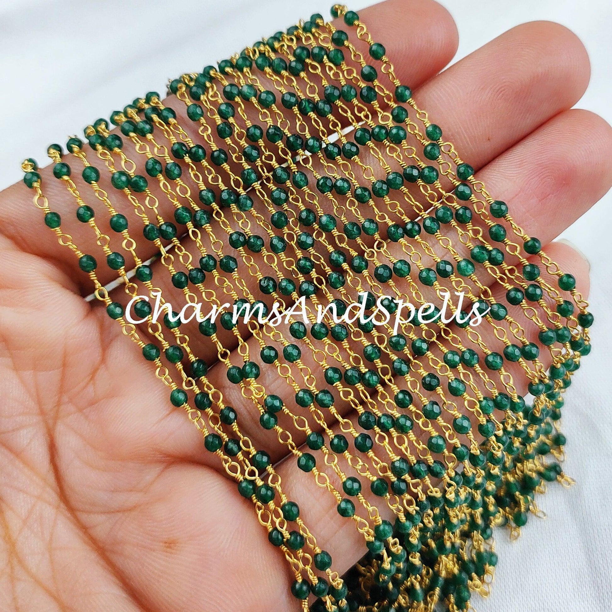 1 Feet Chain, Faceted Green Emerald Rosary Chain, Rondelle Beads Chain, Gold Plated Chain, DIY Jewelry Making Supply, 2.5mm Bead Size, DIY Necklace Chain - Charms And Spells