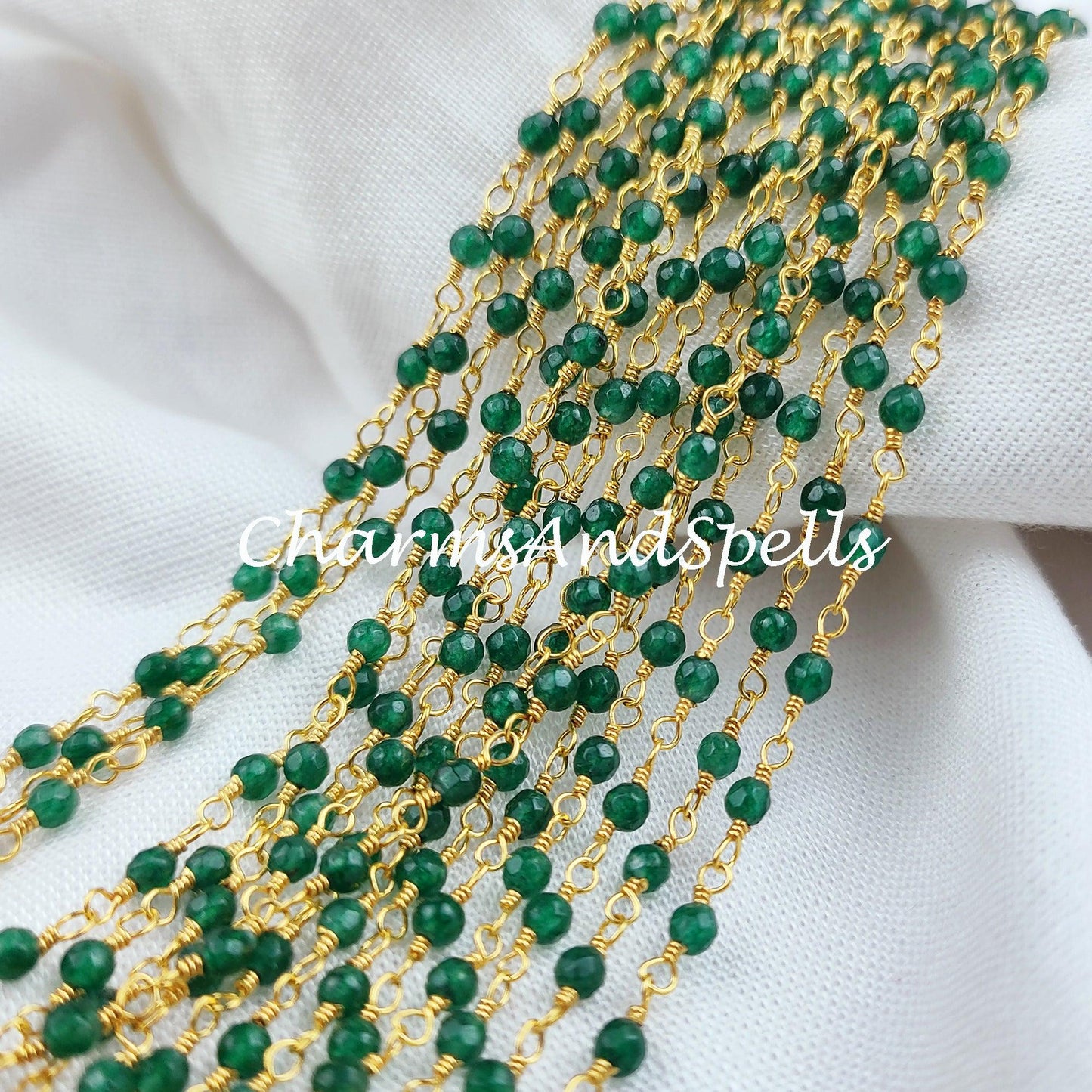 1 Feet Chain, Faceted Green Emerald Rosary Chain, Rondelle Beads Chain, Gold Plated Chain, DIY Jewelry Making Supply, 2.5mm Bead Size, DIY Necklace Chain - Charms And Spells