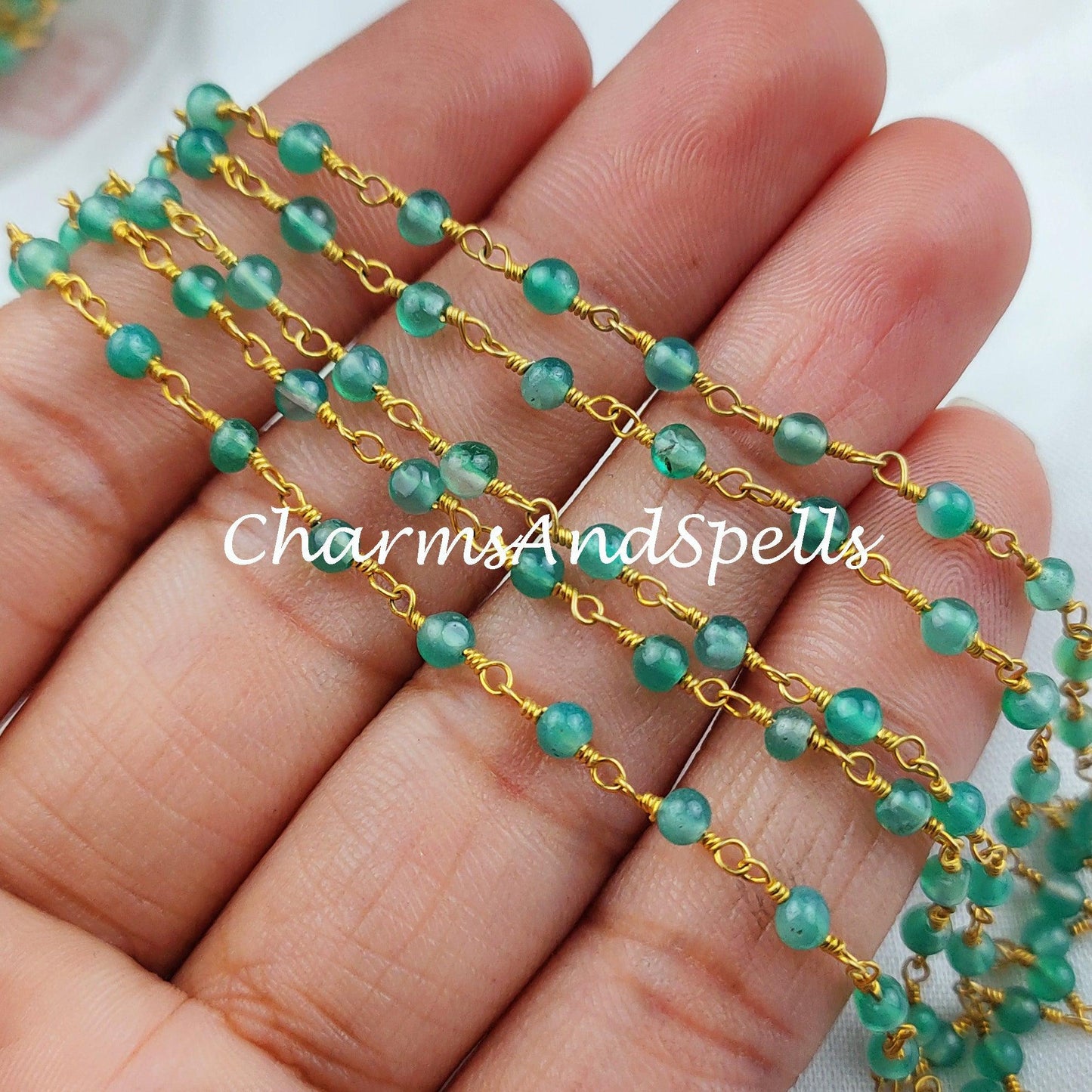 1 Feet Chain, Green Onyx Rosary Chain, Round Chain, Gold Plated Rosary, DIY Making Supply, Bally Chain, DIY Jewelry Making Chain - Charms And Spells