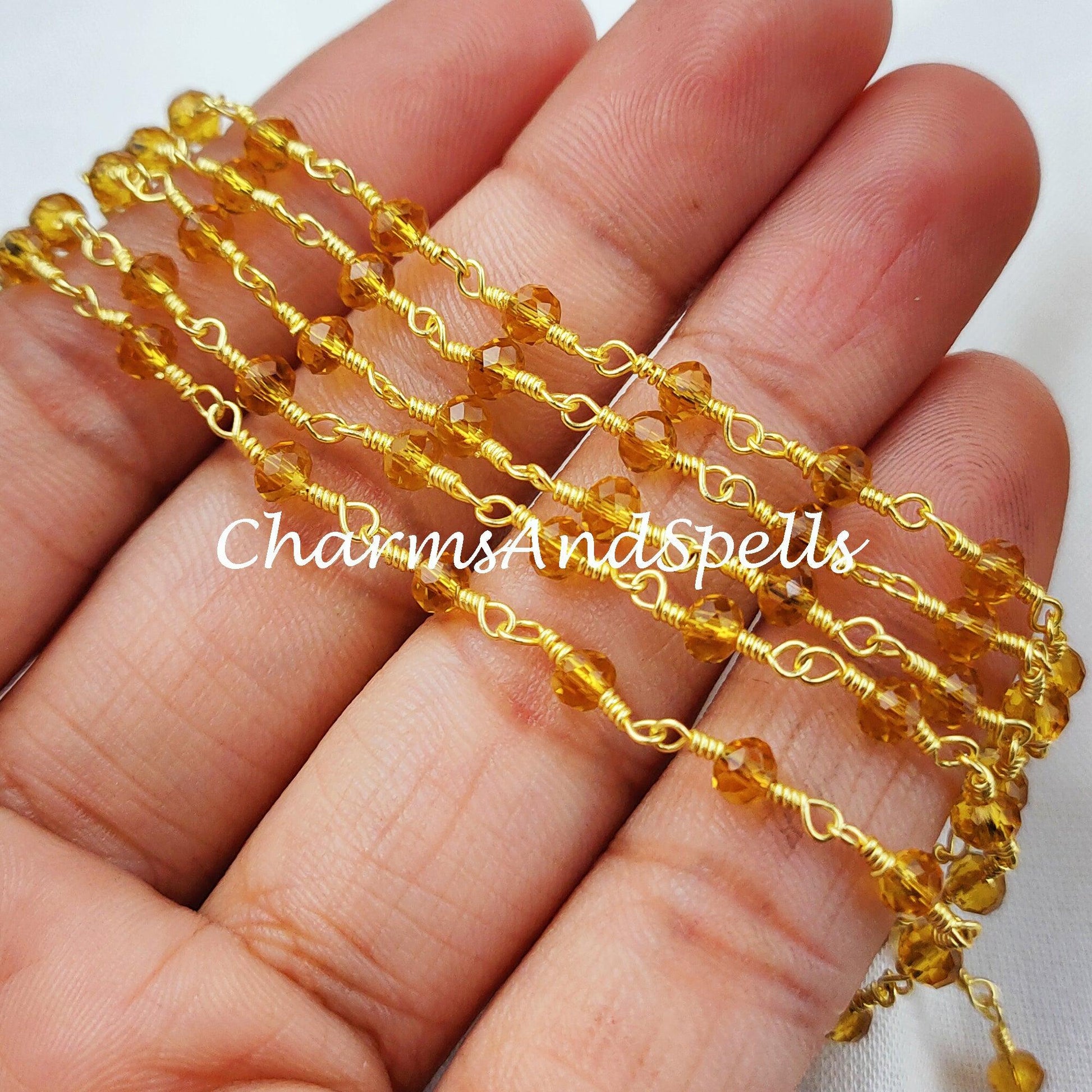 1 Feet Chain, Yellow Topaz Rosary Chain, Yellow Stone Rondelle Beads Chain, Gold Plated Chain, Jewelry Making Chain, 3.5-4mm Bead Size - Charms And Spells