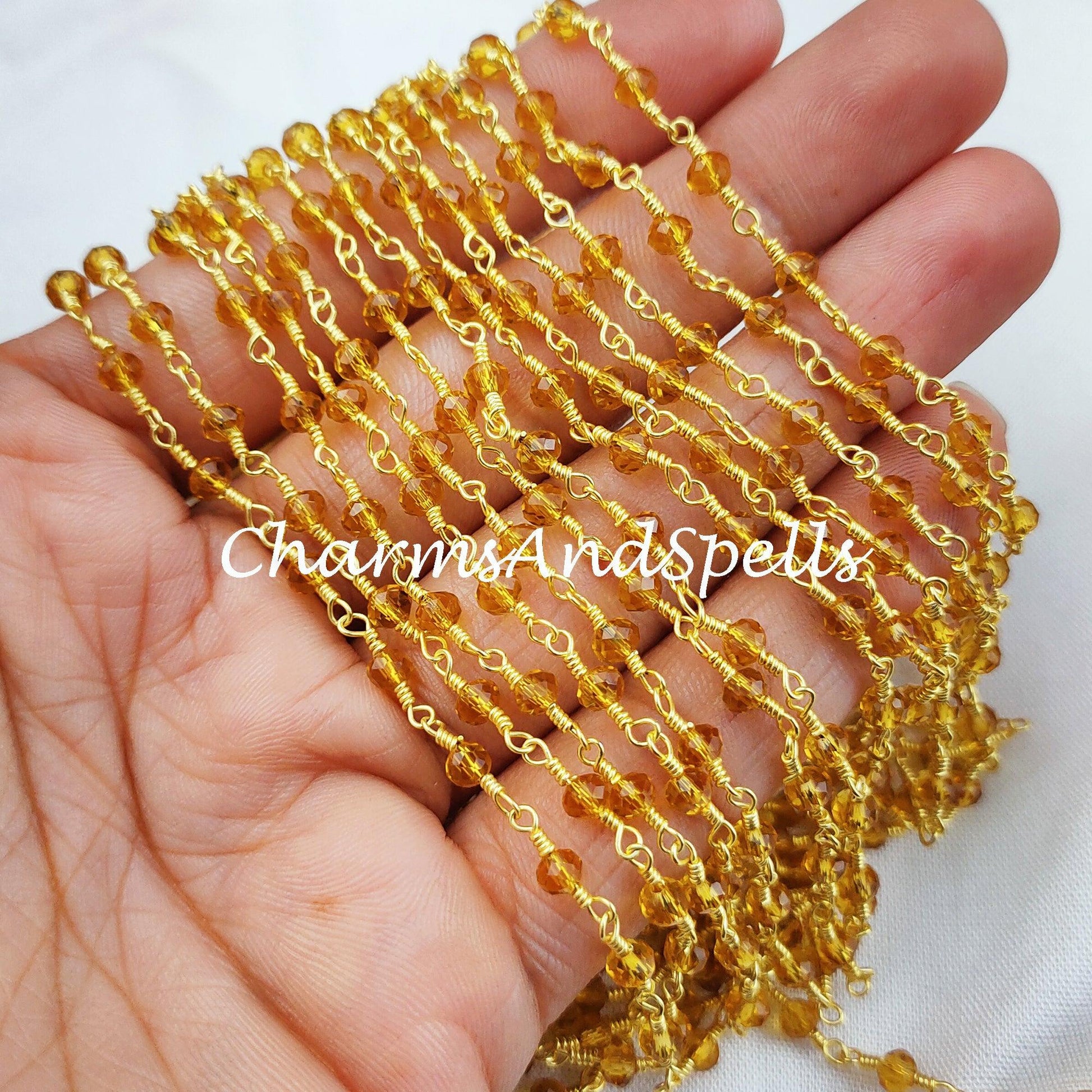 1 Feet Chain, Yellow Topaz Rosary Chain, Yellow Stone Rondelle Beads Chain, Gold Plated Chain, Jewelry Making Chain, 3.5-4mm Bead Size - Charms And Spells