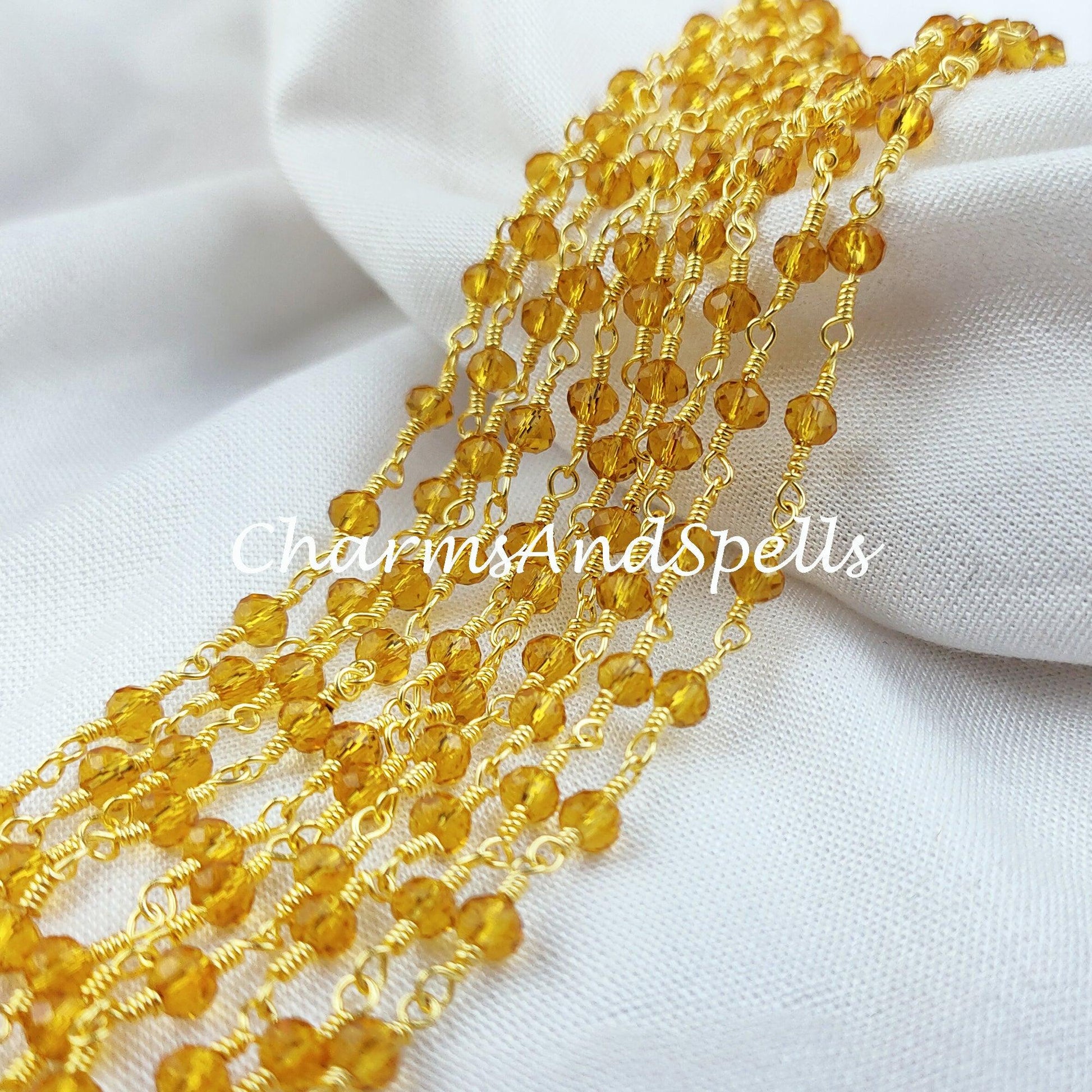 1 Feet Chain, Yellow Topaz Rosary Chain, Yellow Stone Rondelle Beads Chain, Gold Plated Chain, Jewelry Making Chain, 3.5-4mm Bead Size - Charms And Spells