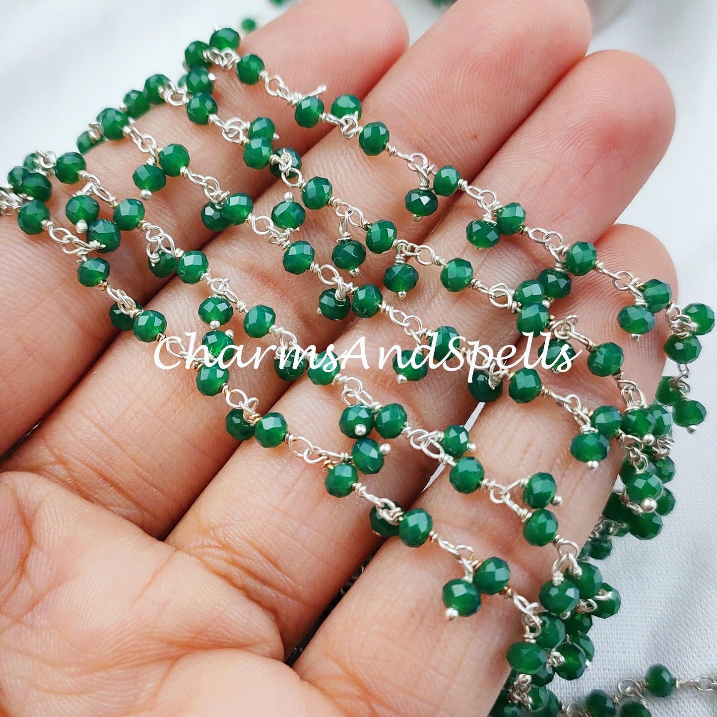 1 Feet Chain, Green Onyx Rondelle Thick Rosary Chain, Rondelle Gemstone Beads, Green Bead Chain, 925 Silver Plated Chain, DIY Necklace Chain - Charms And Spells