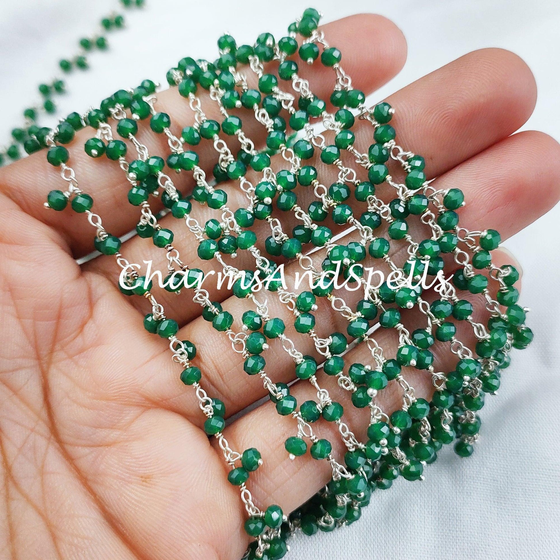 1 Feet Chain, Green Onyx Rondelle Thick Rosary Chain, Rondelle Gemstone Beads, Green Bead Chain, 925 Silver Plated Chain, DIY Necklace Chain - Charms And Spells