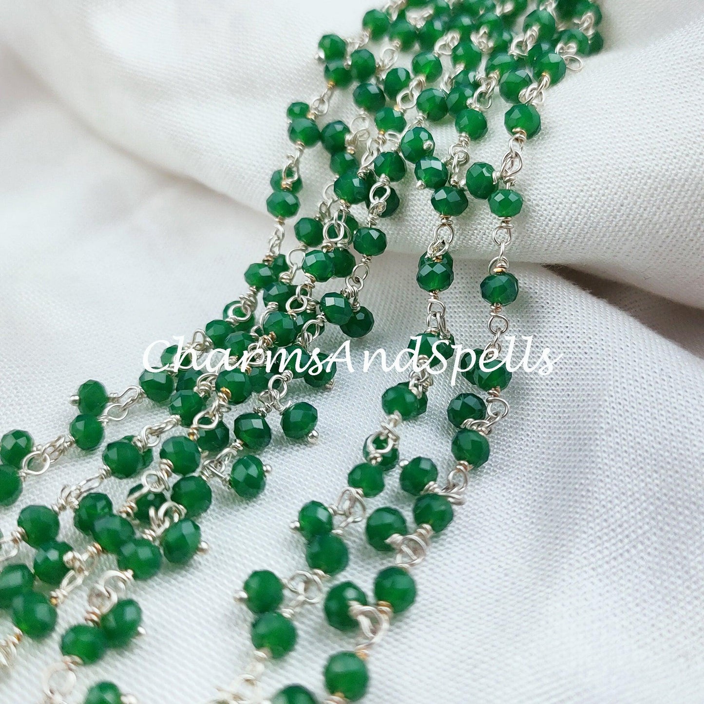 1 Feet Chain, Green Onyx Rondelle Thick Rosary Chain, Rondelle Gemstone Beads, Green Bead Chain, 925 Silver Plated Chain, DIY Necklace Chain - Charms And Spells