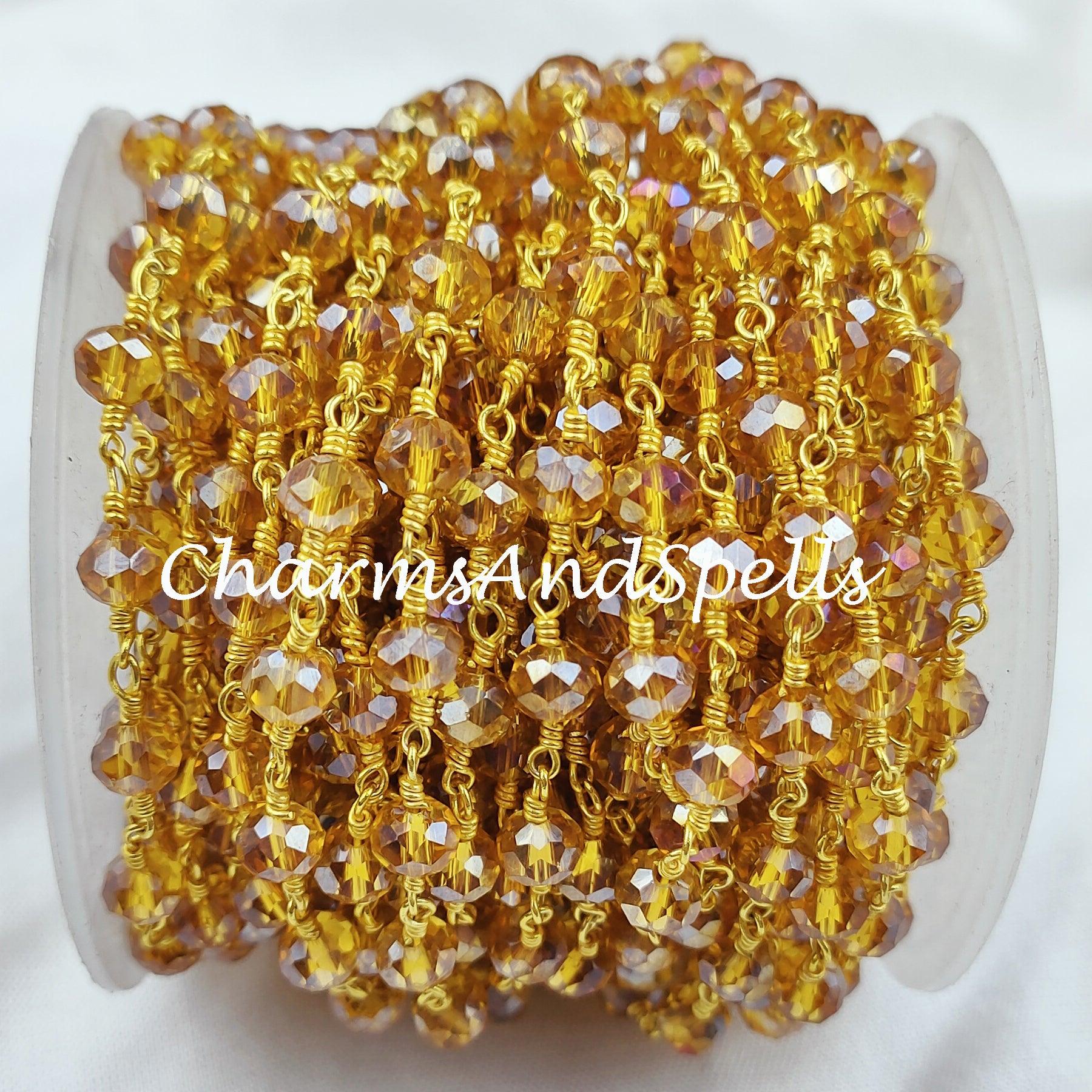 1 Feet Chain, Yellow Topaz Beaded Rosary Chain, Rondelle Faceted 5.5-6mm Gold Plating Chain, Jewelry Findings, Bulk Rosary Chain Rolls - Charms And Spells