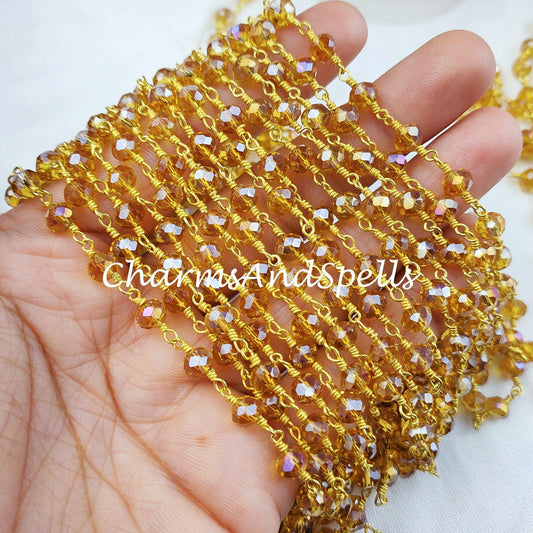 1 Feet Chain, Yellow Topaz Beaded Rosary Chain, Rondelle Faceted 5.5-6mm Gold Plating Chain, Jewelry Findings, Bulk Rosary Chain Rolls - Charms And Spells