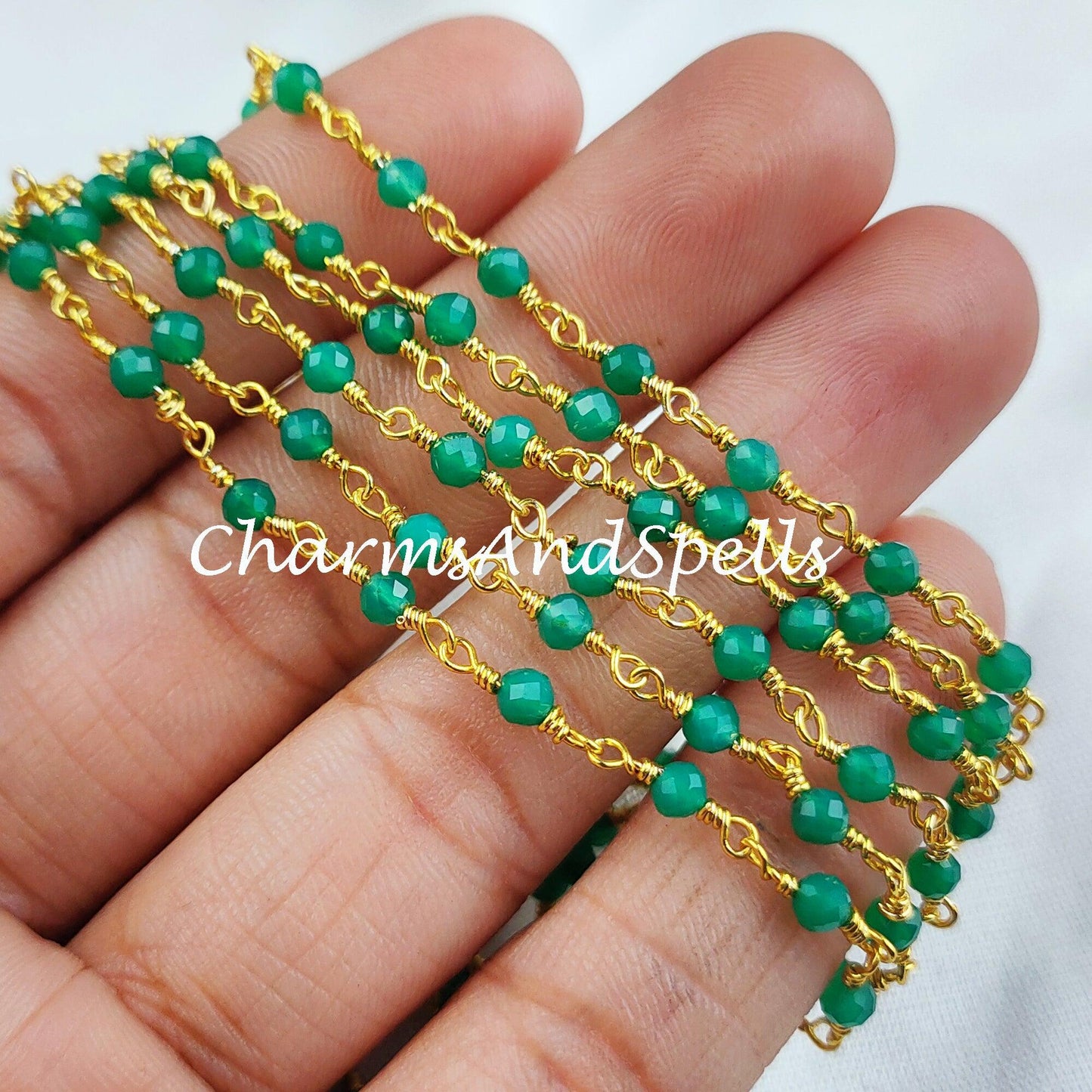 1 Feet Chain, Finished Green Onyx Beaded Chain, Wire Wrapped Beaded Chain, Rosary Bead Chain, Green Chain , DIY Jewelry Making Chain, Gift Necklace - Charms And Spells