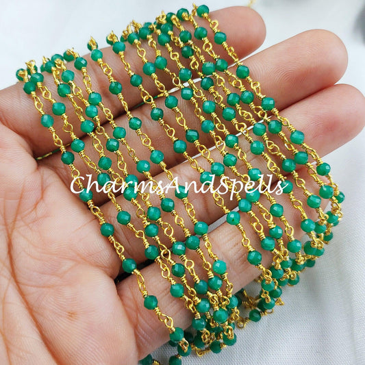 1 Feet Chain, Finished Green Onyx Beaded Chain, Wire Wrapped Beaded Chain, Rosary Bead Chain, Green Chain , DIY Jewelry Making Chain, Gift Necklace - Charms And Spells