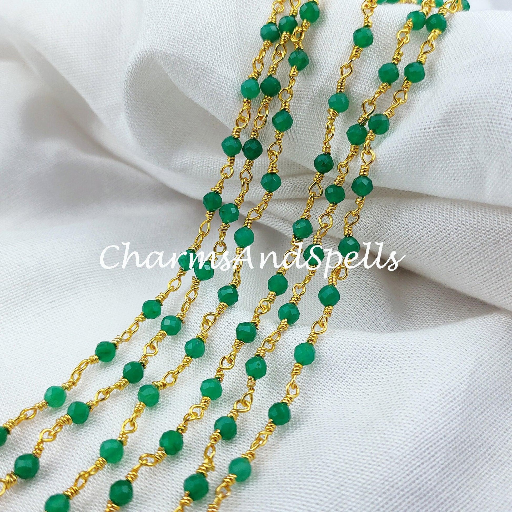 1 Feet Chain, Finished Green Onyx Beaded Chain, Wire Wrapped Beaded Chain, Rosary Bead Chain, Green Chain , DIY Jewelry Making Chain, Gift Necklace - Charms And Spells