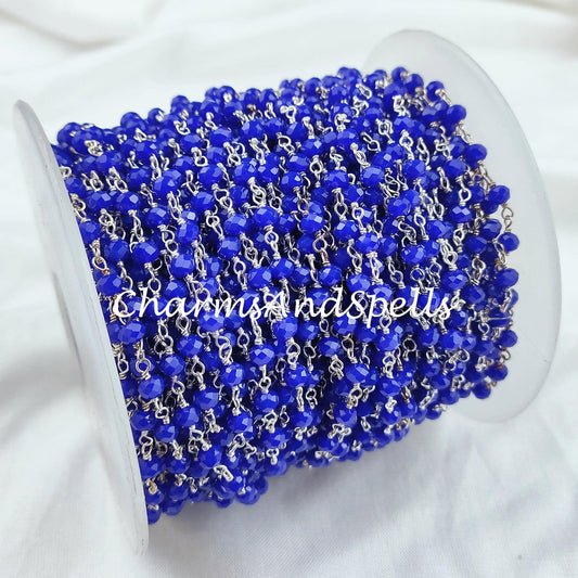 1 Feet Chain, Blue Sapphire Rosary Chain, Rondelle Beads Chain, 925 Silver Plated Chain, DIY Jewelry Making Supply, 4-4.5mm Bead Size - Charms And Spells