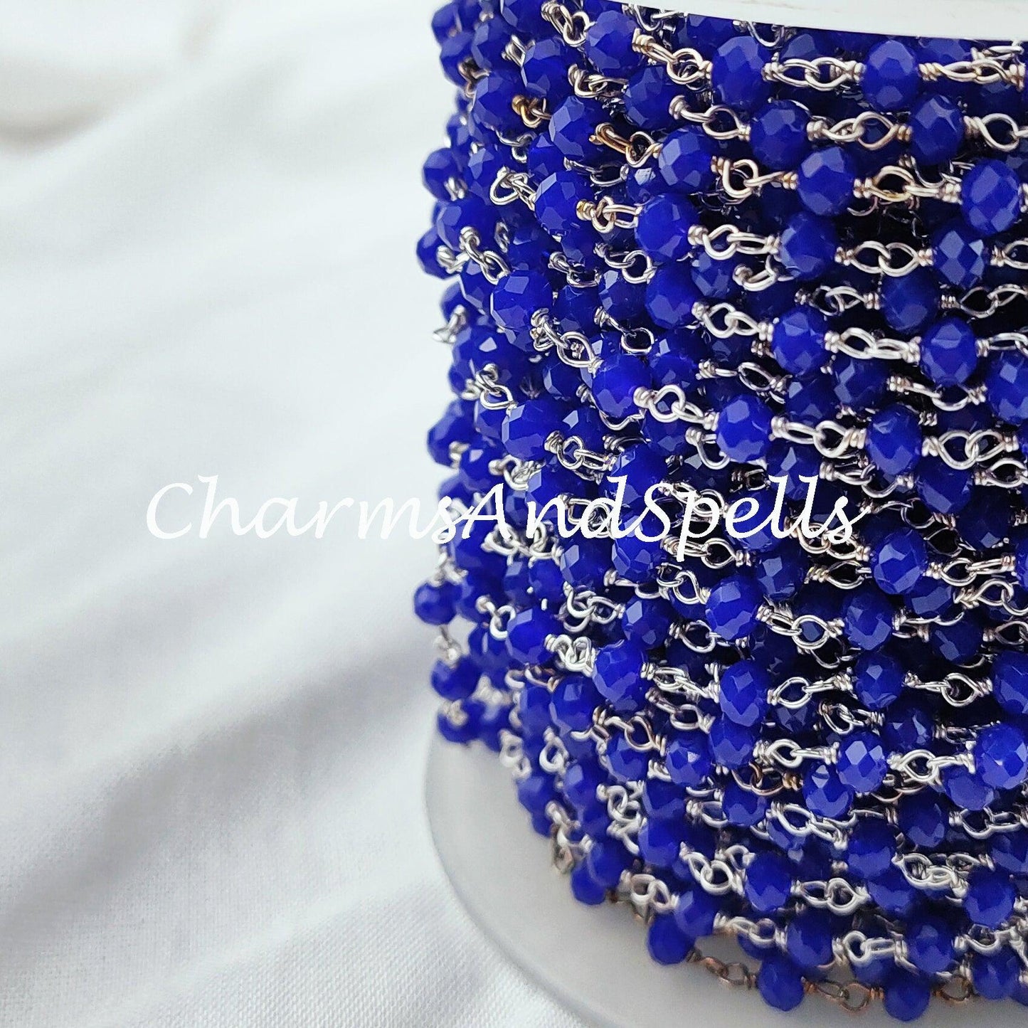 1 Feet Chain, Blue Sapphire Rosary Chain, Rondelle Beads Chain, 925 Silver Plated Chain, DIY Jewelry Making Supply, 4-4.5mm Bead Size - Charms And Spells