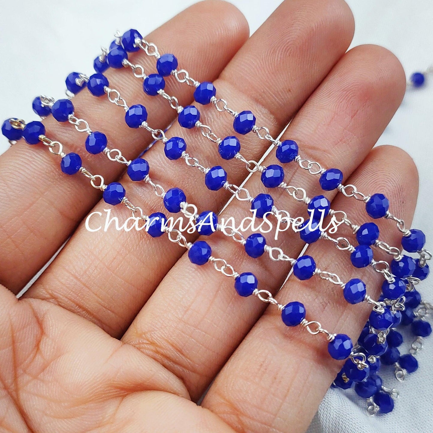 1 Feet Chain, Blue Sapphire Rosary Chain, Rondelle Beads Chain, 925 Silver Plated Chain, DIY Jewelry Making Supply, 4-4.5mm Bead Size - Charms And Spells