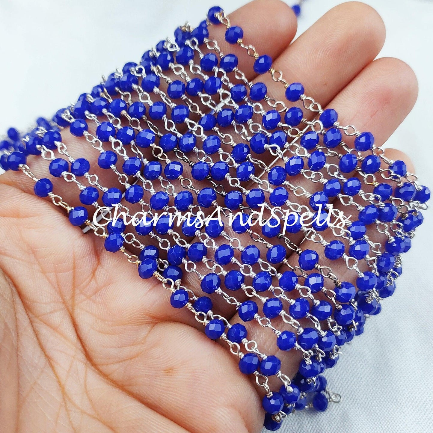 1 Feet Chain, Blue Sapphire Rosary Chain, Rondelle Beads Chain, 925 Silver Plated Chain, DIY Jewelry Making Supply, 4-4.5mm Bead Size - Charms And Spells