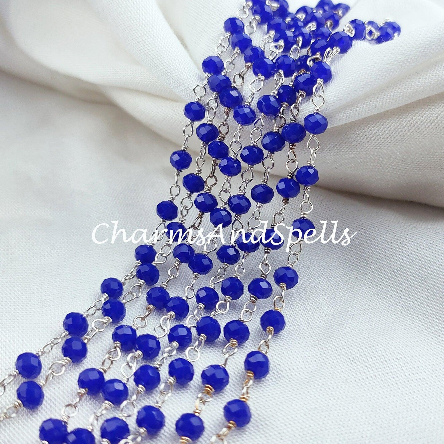 1 Feet Chain, Blue Sapphire Rosary Chain, Rondelle Beads Chain, 925 Silver Plated Chain, DIY Jewelry Making Supply, 4-4.5mm Bead Size - Charms And Spells