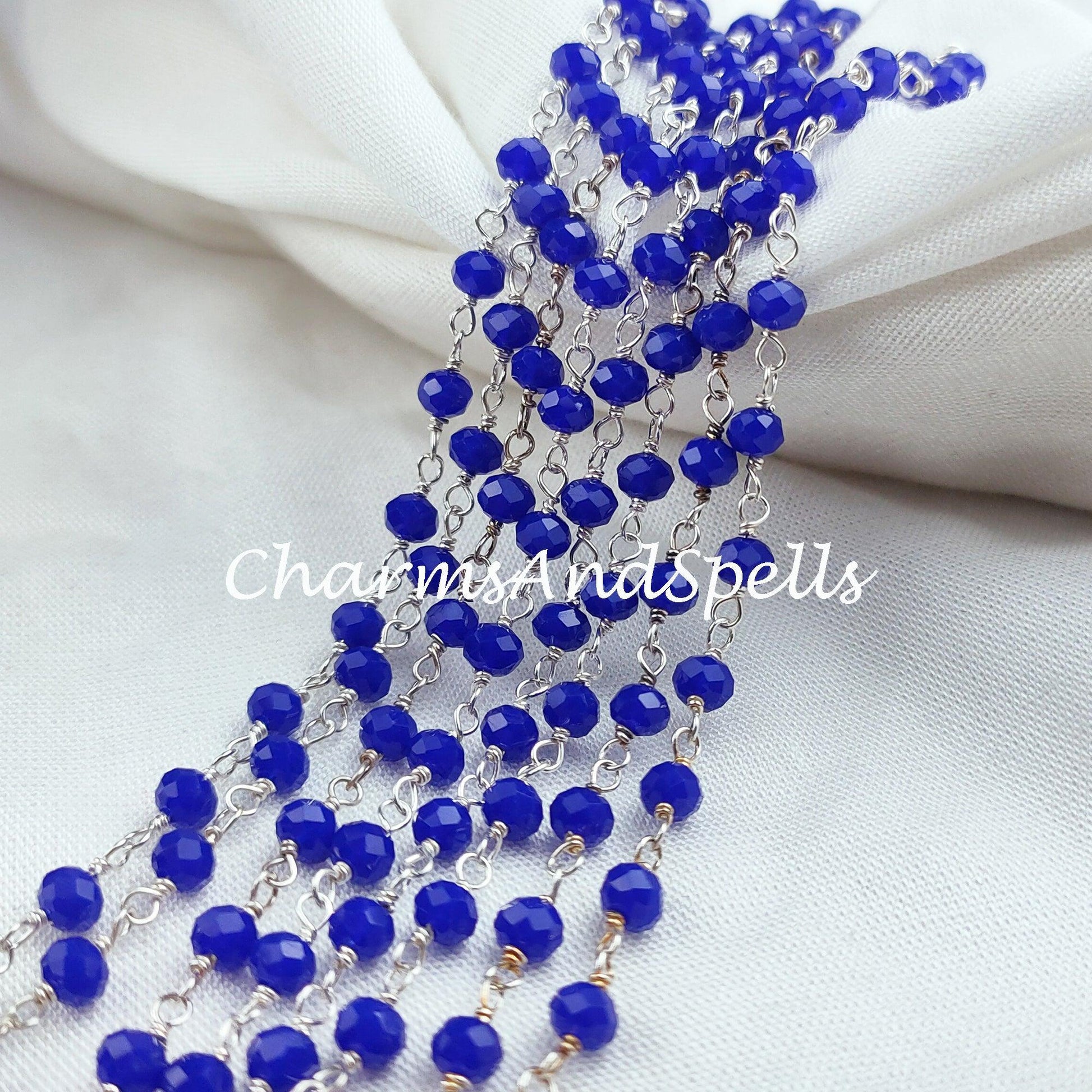 1 Feet Chain, Blue Sapphire Rosary Chain, Rondelle Beads Chain, 925 Silver Plated Chain, DIY Jewelry Making Supply, 4-4.5mm Bead Size - Charms And Spells