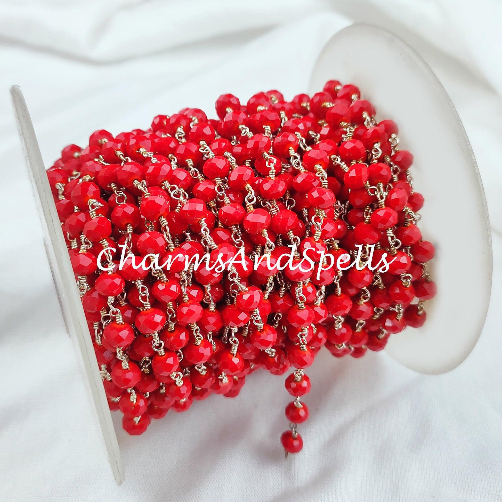 1,2,5,10,25 Ft Coral Hydro Rondelle Beaded Rosary Chain, 925 Silver Plated Wire, Jewelry Making, Wire Wrapped Chain 5.5-6mm, DIY Chain - Charms And Spells