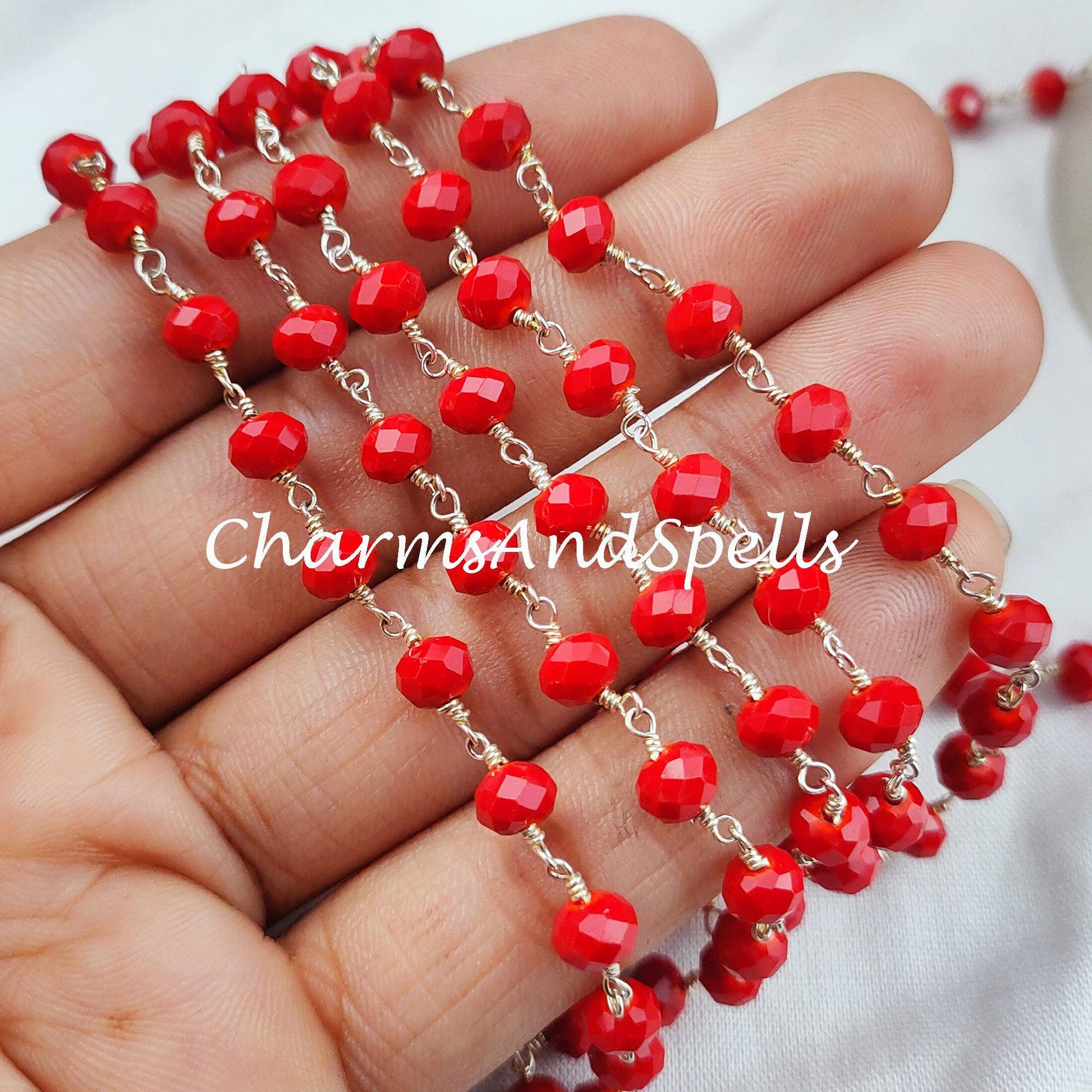 1,2,5,10,25 Ft Coral Hydro Rondelle Beaded Rosary Chain, 925 Silver Plated Wire, Jewelry Making, Wire Wrapped Chain 5.5-6mm, DIY Chain - Charms And Spells