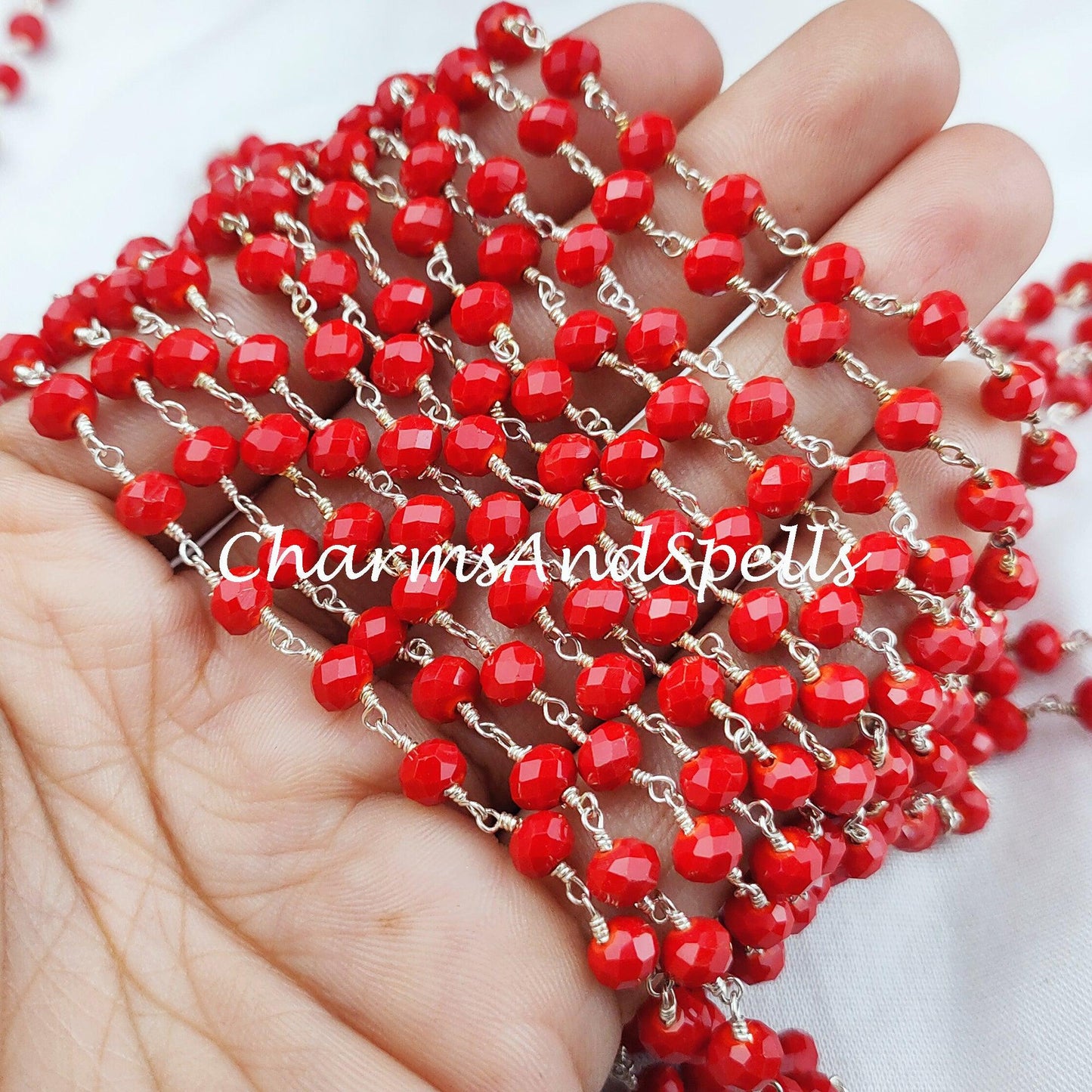 1,2,5,10,25 Ft Coral Hydro Rondelle Beaded Rosary Chain, 925 Silver Plated Wire, Jewelry Making, Wire Wrapped Chain 5.5-6mm, DIY Chain - Charms And Spells