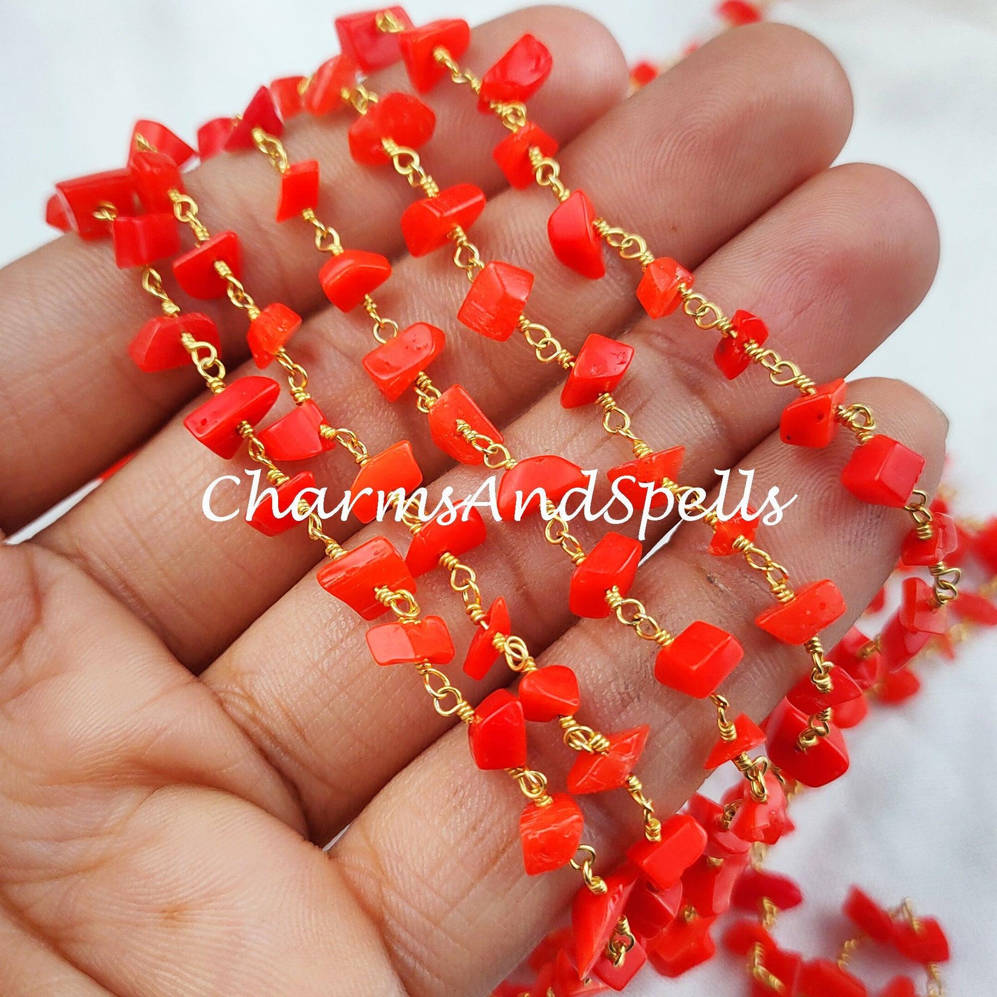 1 Feet Chain, Coral Rosary Chain, Uncut Chip Chain, Gold Plated Rosary, DIY Making Supply, Bally Chain, DIY Jewelry Making Chain, Necklace, Bracelet Chain - Charms And Spells