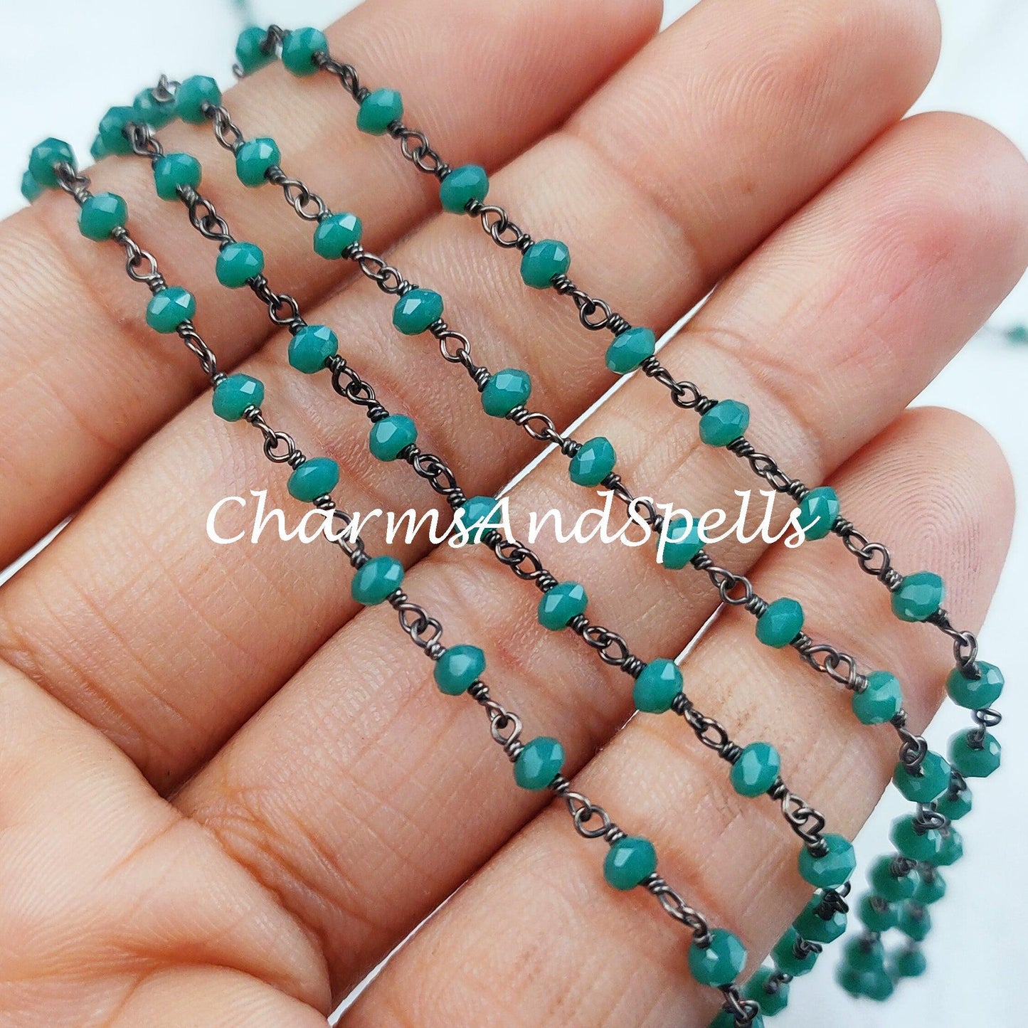 1 Feet Chain, Green Onyx Beaded Rosary Chain, Black Plated Wire Wrapped, Green Gemstone Beads, 1,2,5,10 feet Roll, Necklace Chain - Charms And Spells