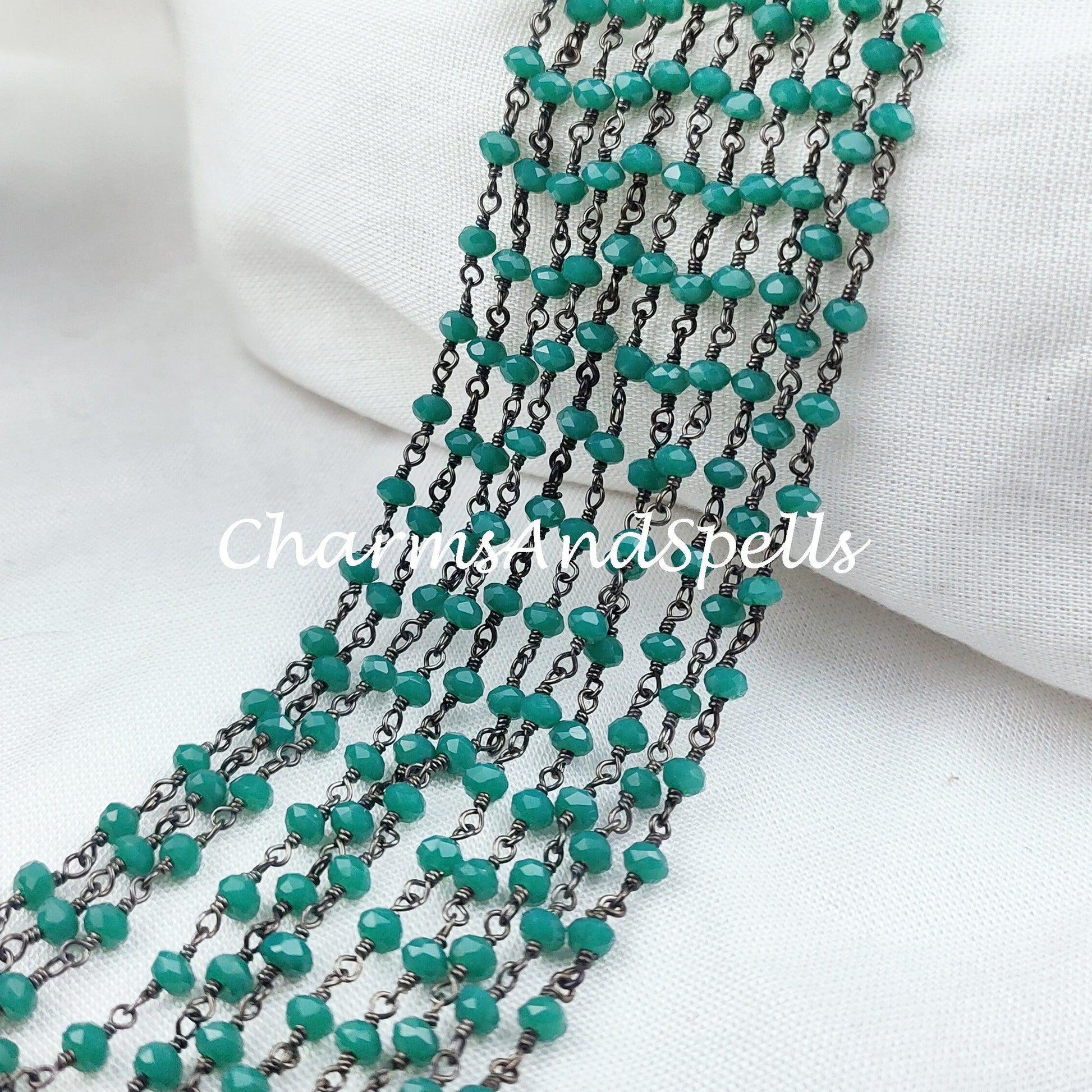 1 Feet Chain, Green Onyx Beaded Rosary Chain, Black Plated Wire Wrapped, Green Gemstone Beads, 1,2,5,10 feet Roll, Necklace Chain - Charms And Spells