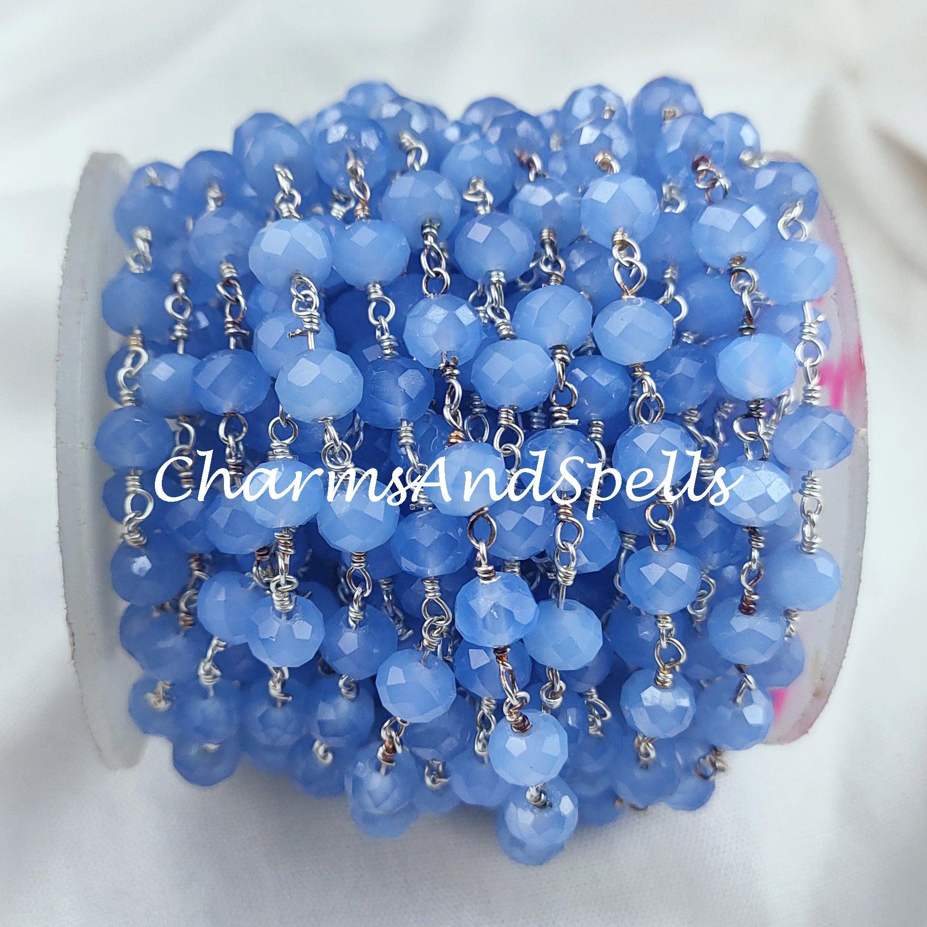 1 Feet Chain, Finished Blue Chalcedony Beaded Chain, Wire Wrapped Beaded Chain, Rosary Bead Chain, Blue Chain , DIY Jewelry Making Chain - Charms And Spells