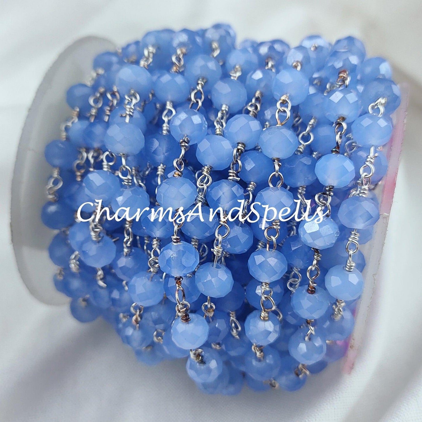 1 Feet Chain, Finished Blue Chalcedony Beaded Chain, Wire Wrapped Beaded Chain, Rosary Bead Chain, Blue Chain , DIY Jewelry Making Chain - Charms And Spells