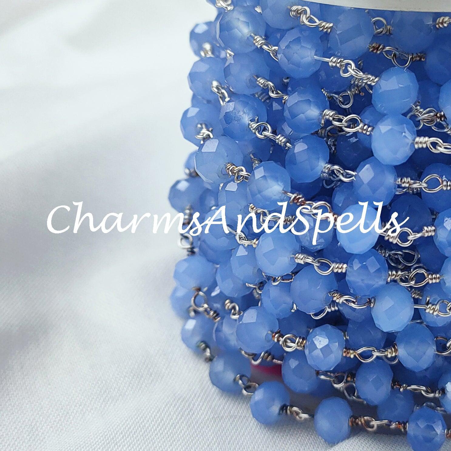 1 Feet Chain, Finished Blue Chalcedony Beaded Chain, Wire Wrapped Beaded Chain, Rosary Bead Chain, Blue Chain , DIY Jewelry Making Chain - Charms And Spells