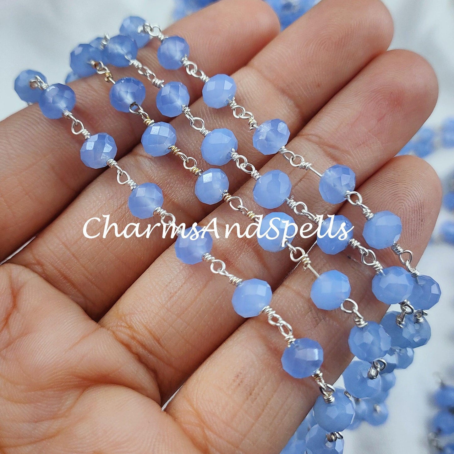 1 Feet Chain, Finished Blue Chalcedony Beaded Chain, Wire Wrapped Beaded Chain, Rosary Bead Chain, Blue Chain , DIY Jewelry Making Chain - Charms And Spells