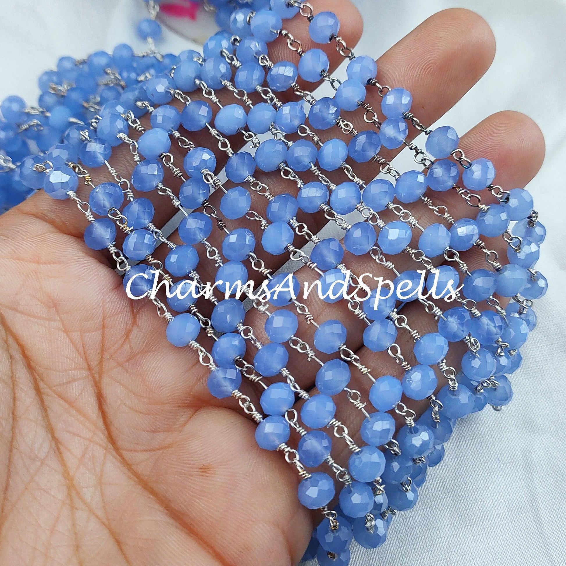 1 Feet Chain, Finished Blue Chalcedony Beaded Chain, Wire Wrapped Beaded Chain, Rosary Bead Chain, Blue Chain , DIY Jewelry Making Chain - Charms And Spells