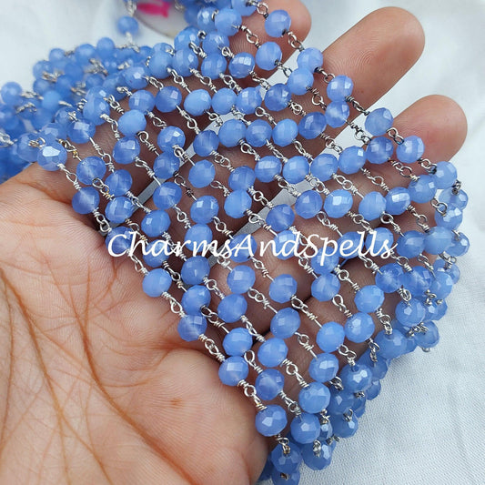 1 Feet Chain, Finished Blue Chalcedony Beaded Chain, Wire Wrapped Beaded Chain, Rosary Bead Chain, Blue Chain , DIY Jewelry Making Chain - Charms And Spells