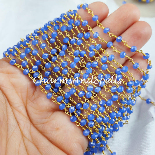 1 Feet Chain, Faceted Blue Chalcedony Rosary Chain, Rondelle Beads Chain, Gold Plated Chain, Jewelry Making, 3.5-4mm Bead Size Chain - Charms And Spells