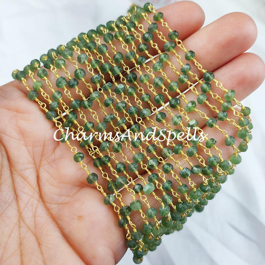 Peridot Rondelle Rosary Chain, Rondelle Gemstone Beads, Green Beaded Chain, Gold Plated Chain, DIY Necklace Chain - Charms And Spells