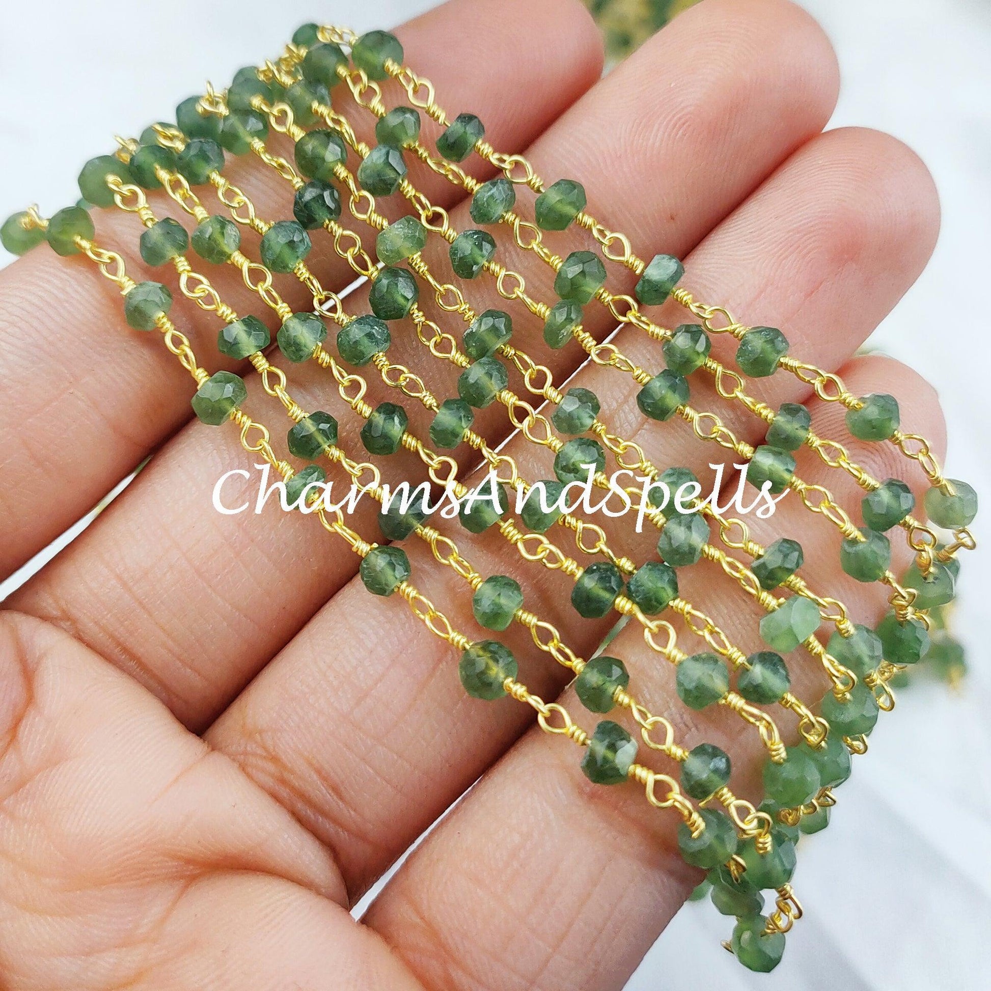 Peridot Rondelle Rosary Chain, Rondelle Gemstone Beads, Green Beaded Chain, Gold Plated Chain, DIY Necklace Chain - Charms And Spells