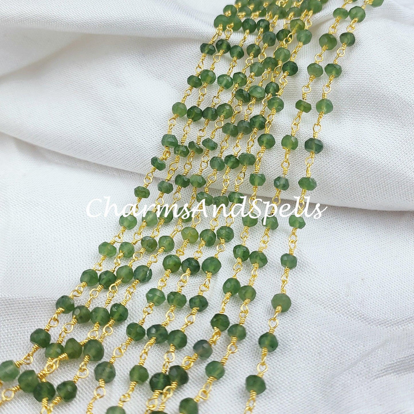 Peridot Rondelle Rosary Chain, Rondelle Gemstone Beads, Green Beaded Chain, Gold Plated Chain, DIY Necklace Chain - Charms And Spells