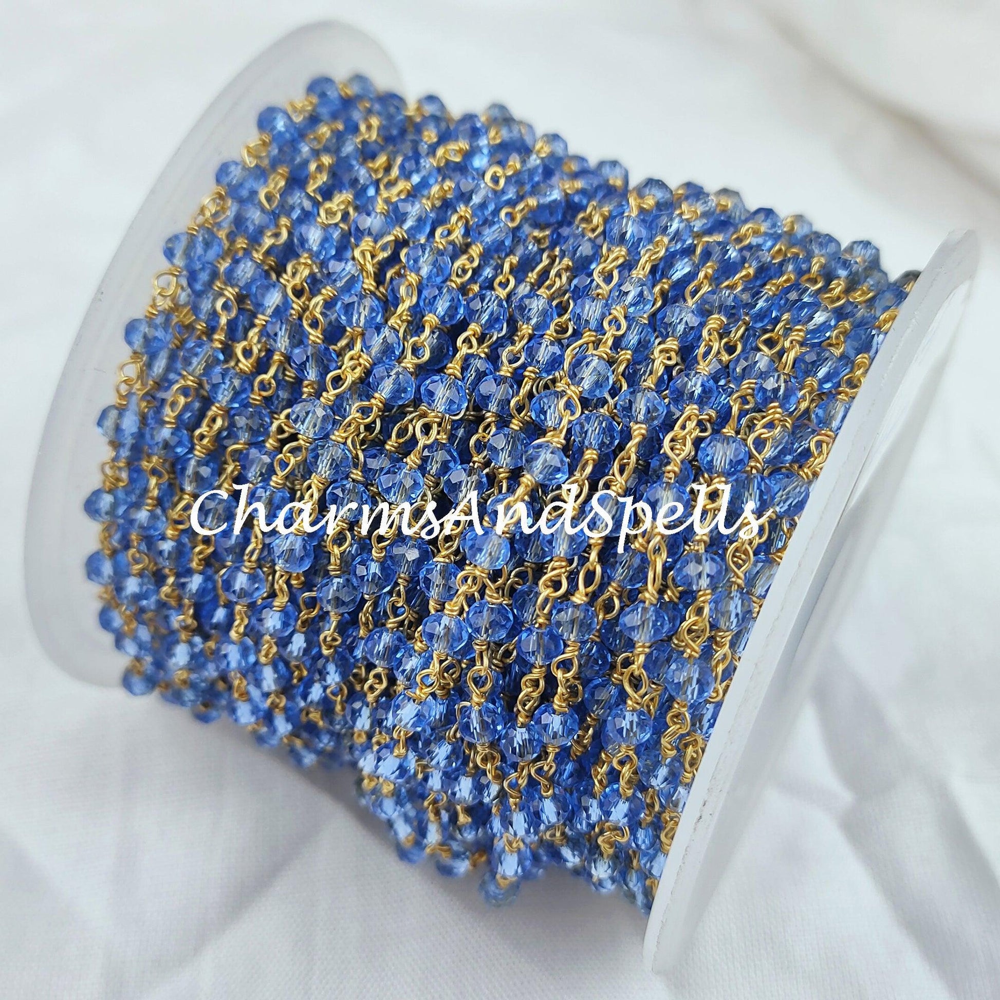 1 Feet Chain, Finished Tanzanite Beaded Chain, Wire Wrapped Beaded Chain, Rosary Bead Chain, Blue Chain , DIY Jewelry Making Chain - Charms And Spells