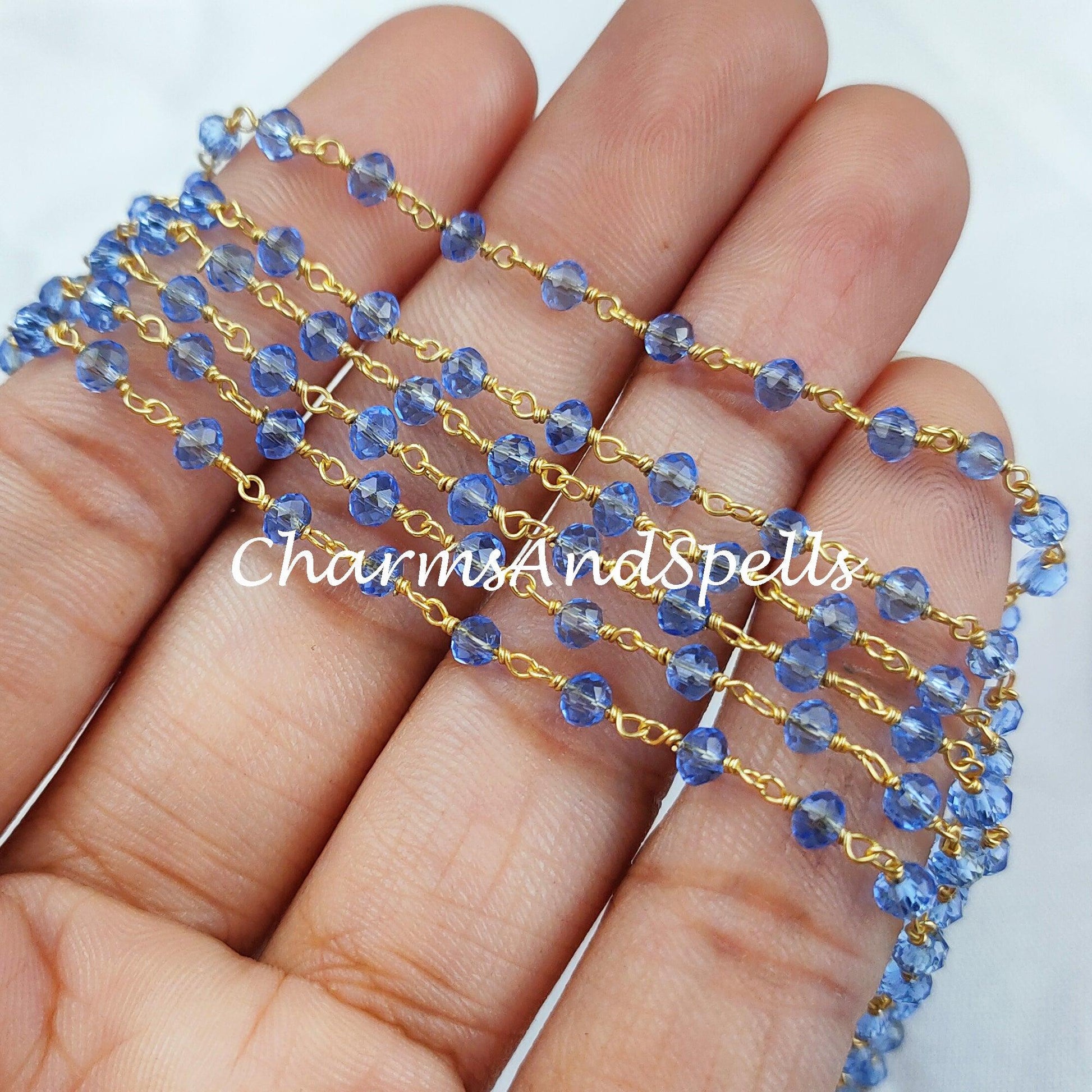 1 Feet Chain, Finished Tanzanite Beaded Chain, Wire Wrapped Beaded Chain, Rosary Bead Chain, Blue Chain , DIY Jewelry Making Chain - Charms And Spells