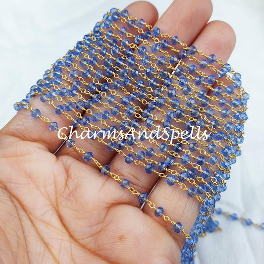 1 Feet Chain, Finished Tanzanite Beaded Chain, Wire Wrapped Beaded Chain, Rosary Bead Chain, Blue Chain , DIY Jewelry Making Chain - Charms And Spells