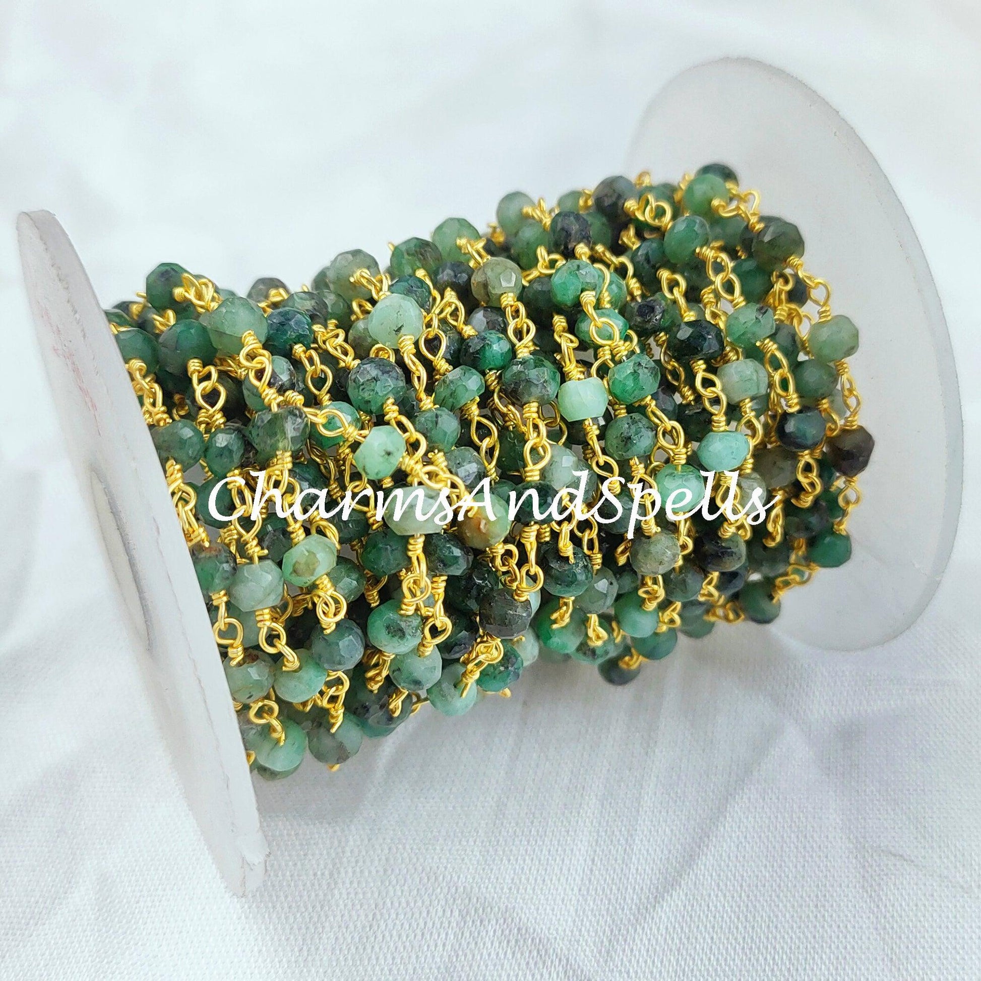 1 Feet Chain, Natural Emerald Beaded Rosary Chain, Gold Plated Wire Wrapped, Genuine Emerald Beads, 1,2,5,10,25,50 Feet Roll - Charms And Spells