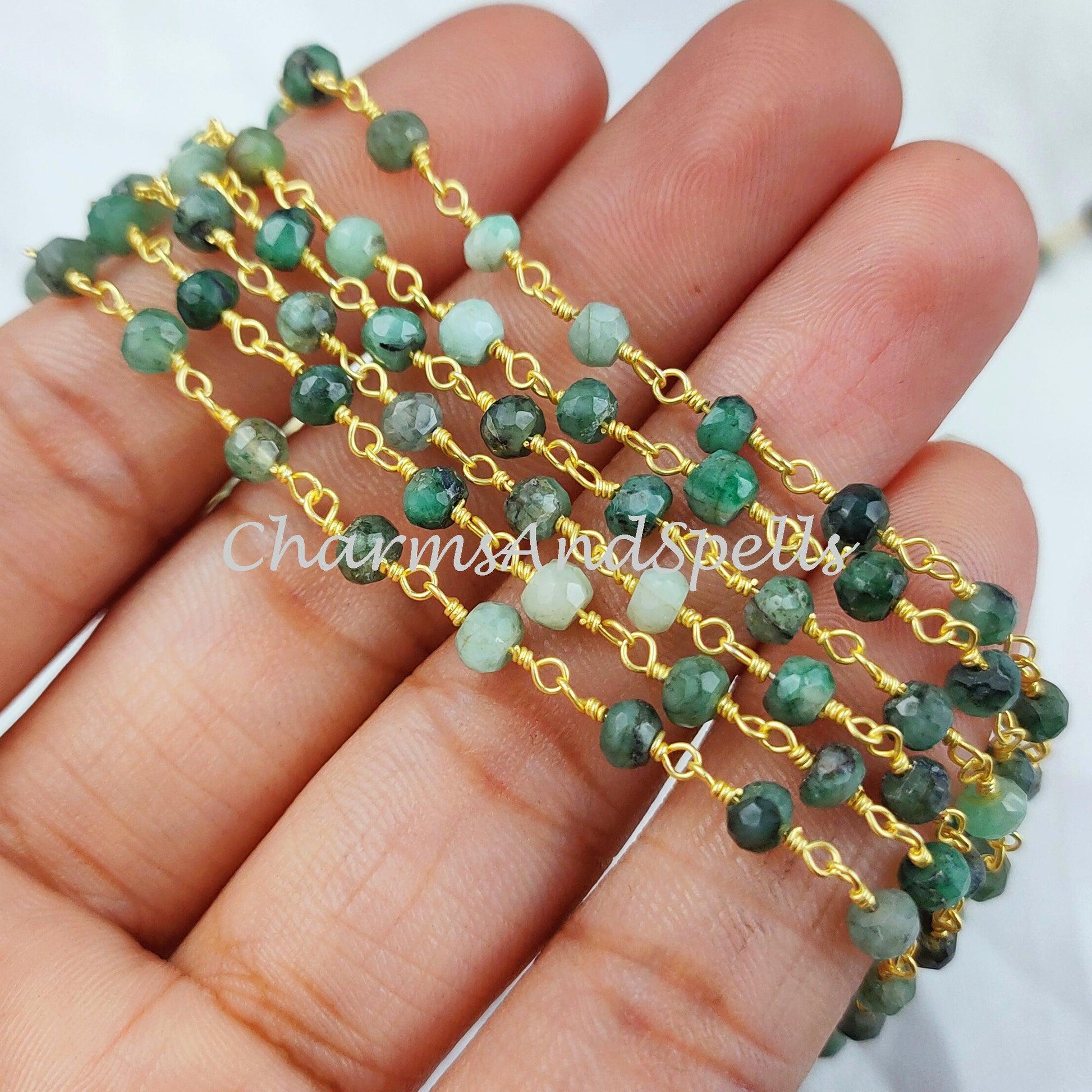 1 Feet Chain, Natural Emerald Beaded Rosary Chain, Gold Plated Wire Wrapped, Genuine Emerald Beads, 1,2,5,10,25,50 Feet Roll - Charms And Spells