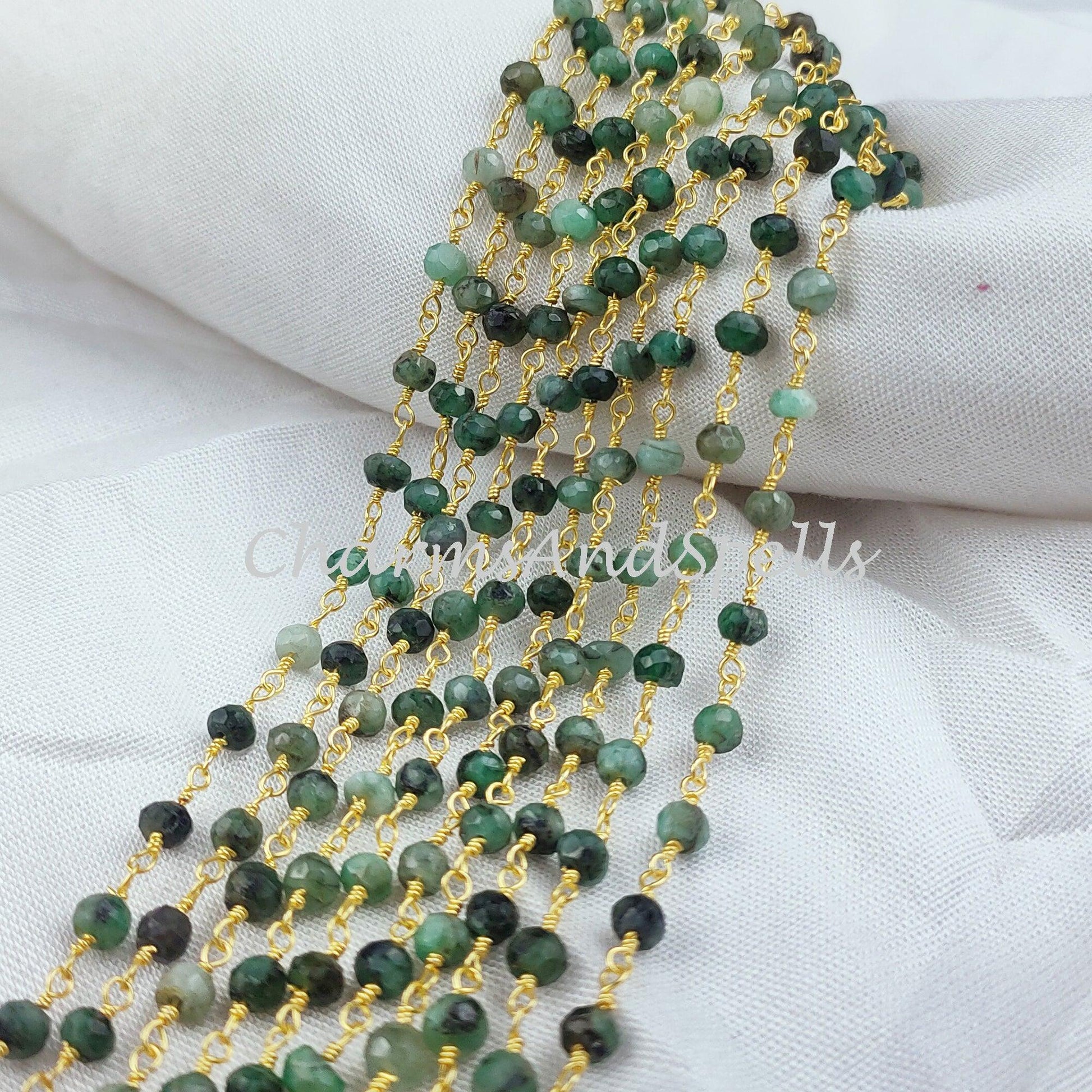 1 Feet Chain, Natural Emerald Beaded Rosary Chain, Gold Plated Wire Wrapped, Genuine Emerald Beads, 1,2,5,10,25,50 Feet Roll - Charms And Spells