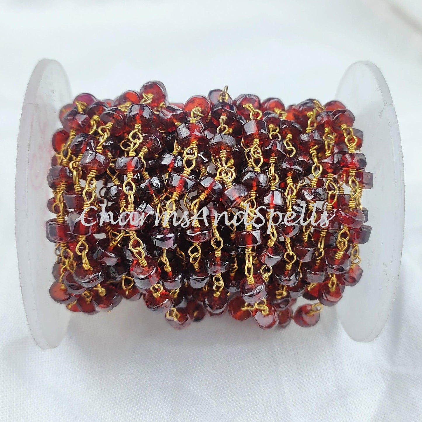 1,2,5,10,25 Ft Garnet Faceted Tyre Beaded Rosary Chain, 14K Gold Plated Wire, Jewelry Making Chain, Wire Wrapped Chain - Charms And Spells