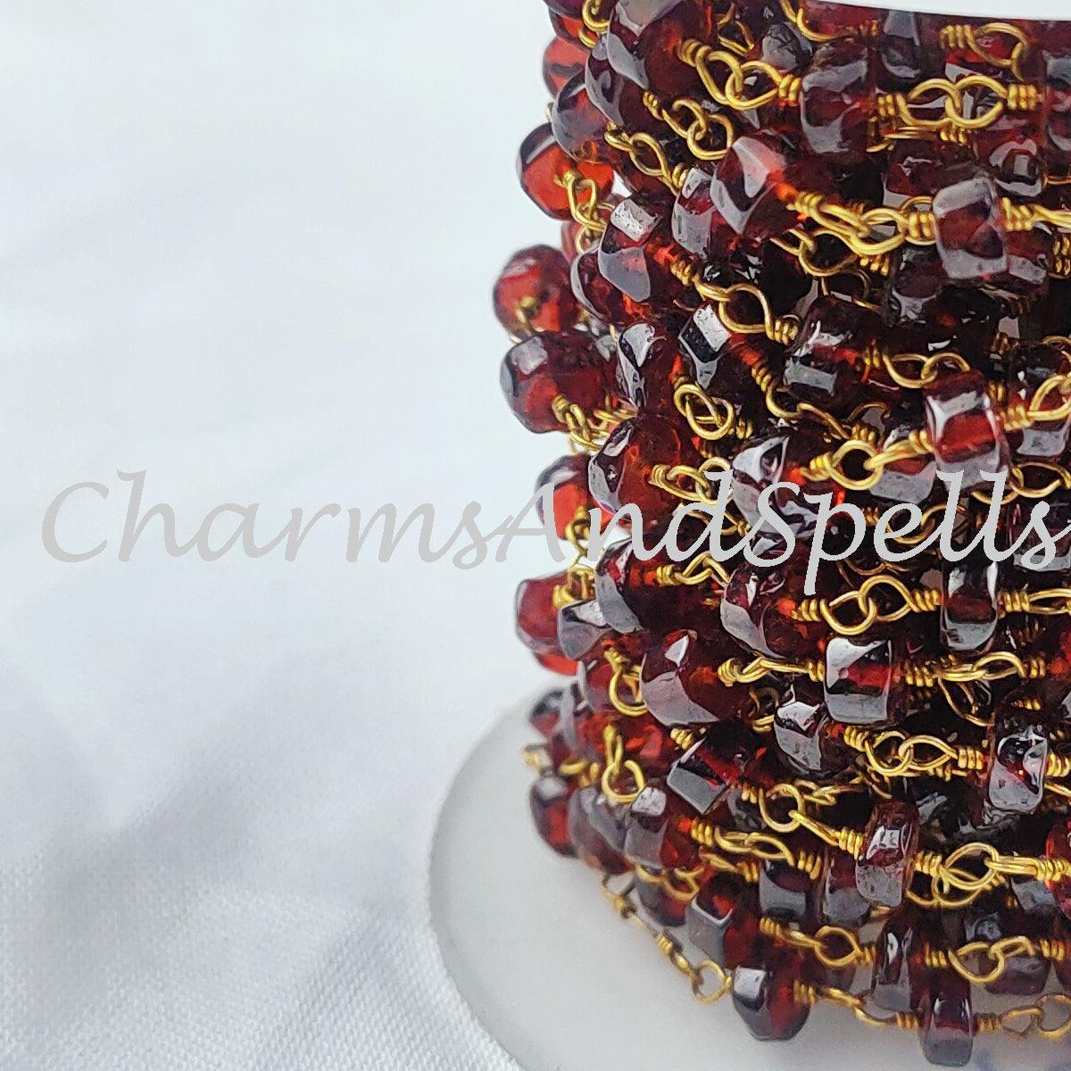 1,2,5,10,25 Ft Garnet Faceted Tyre Beaded Rosary Chain, 14K Gold Plated Wire, Jewelry Making Chain, Wire Wrapped Chain - Charms And Spells