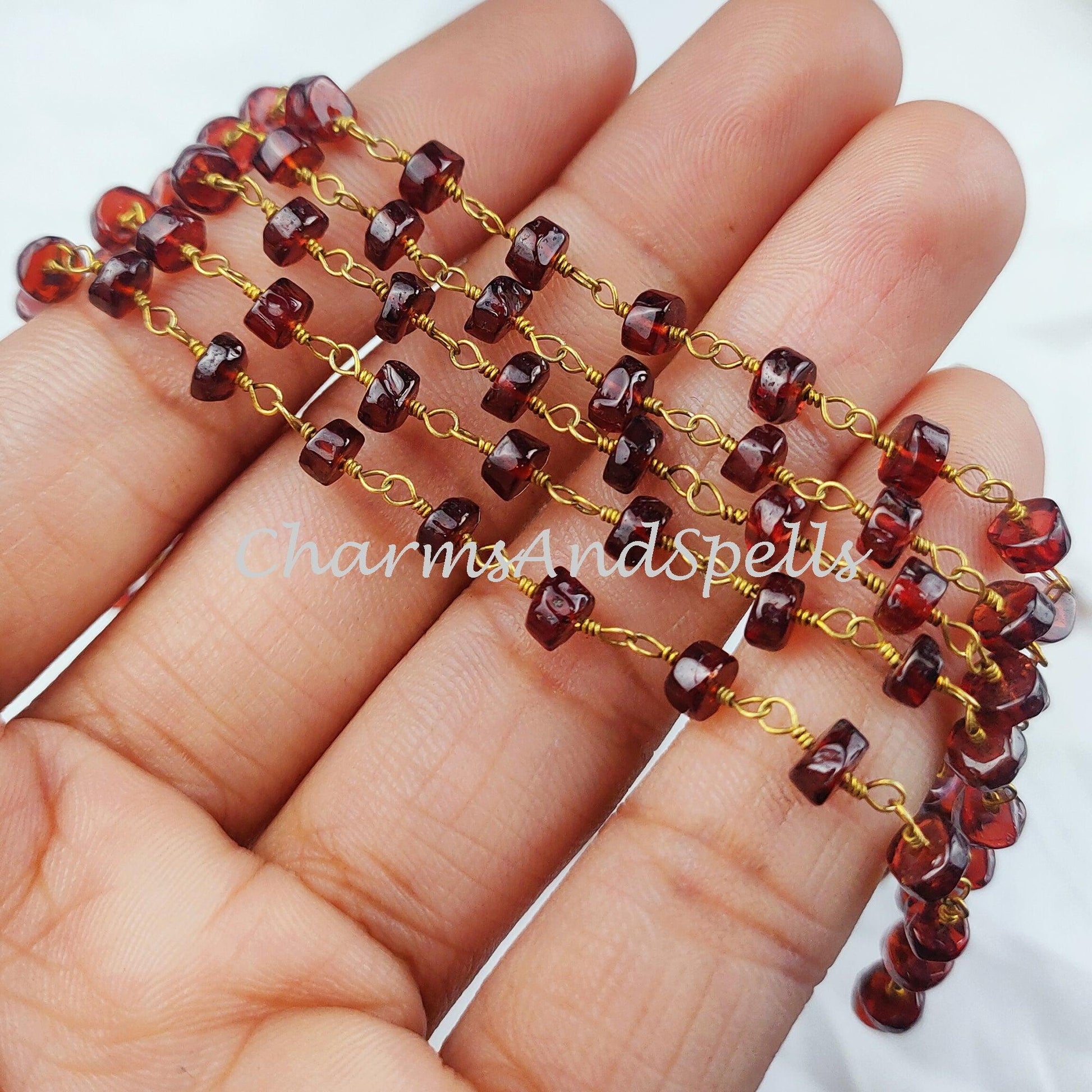 1,2,5,10,25 Ft Garnet Faceted Tyre Beaded Rosary Chain, 14K Gold Plated Wire, Jewelry Making Chain, Wire Wrapped Chain - Charms And Spells